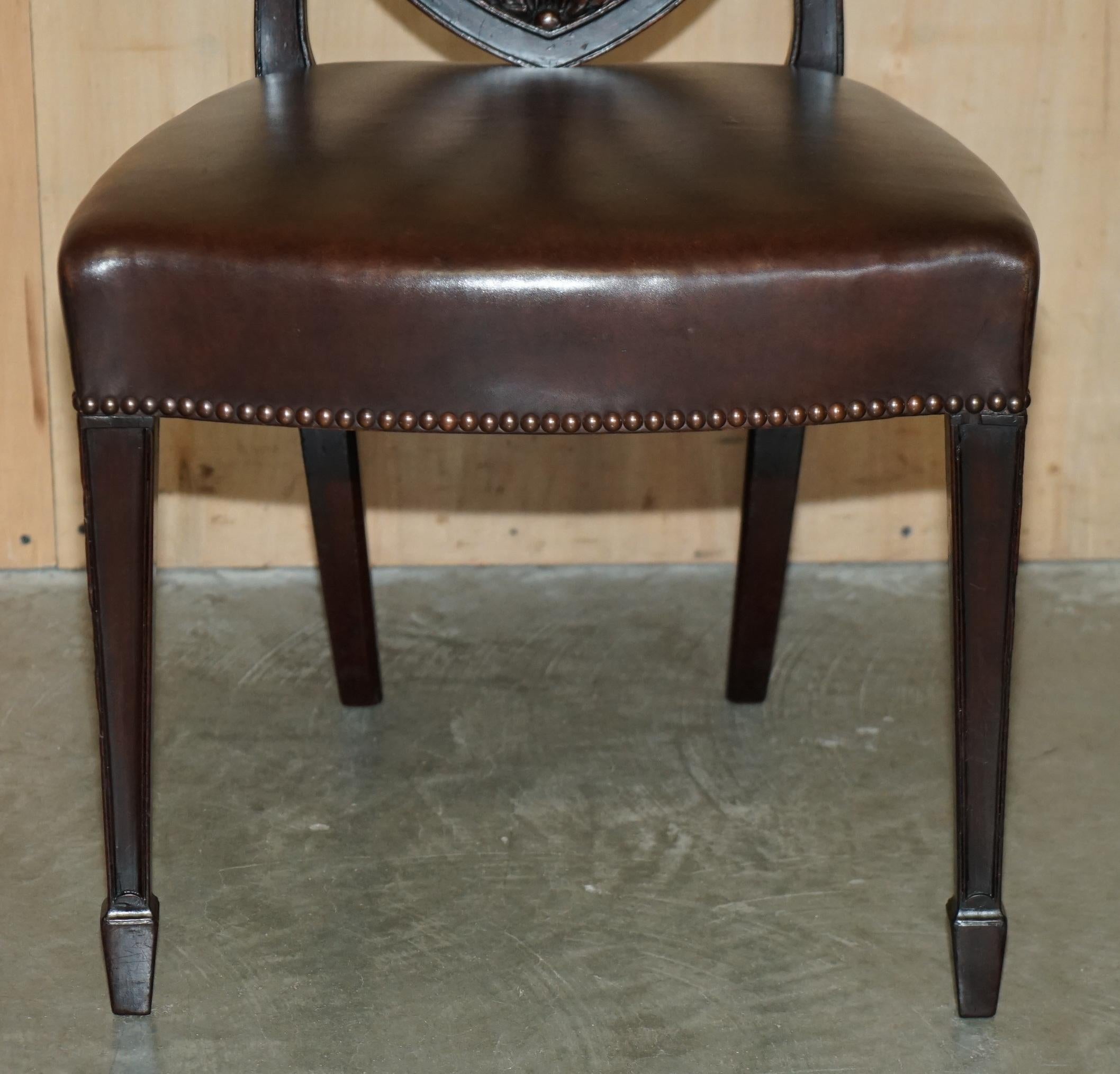 19th Century SIX ANTIQUE EDWARD & ROBERTS GEORGE HEPPLEWHITE BROWN LEATHER DINING CHAIRs