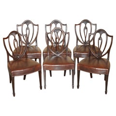 SIX ANTIQUE EDWARD & ROBERTS GEORGE HEPPLEWHITE BROWN LEATHER DINING CHAIRs
