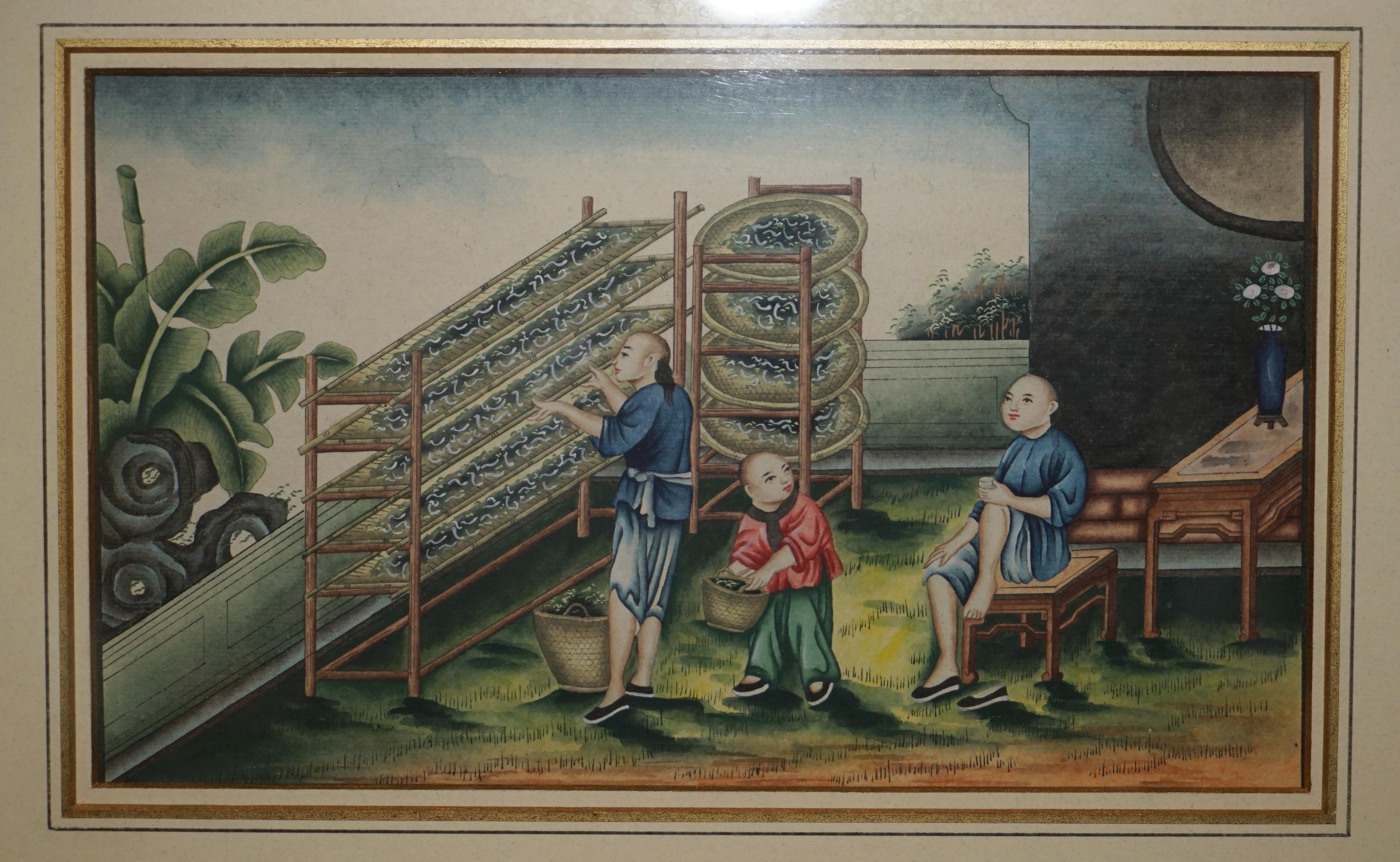 SEI ANTICHE EXQUISITE PITTURE CINESI ALL'ACQUERELLO E CON LACCATURA in vendita 3