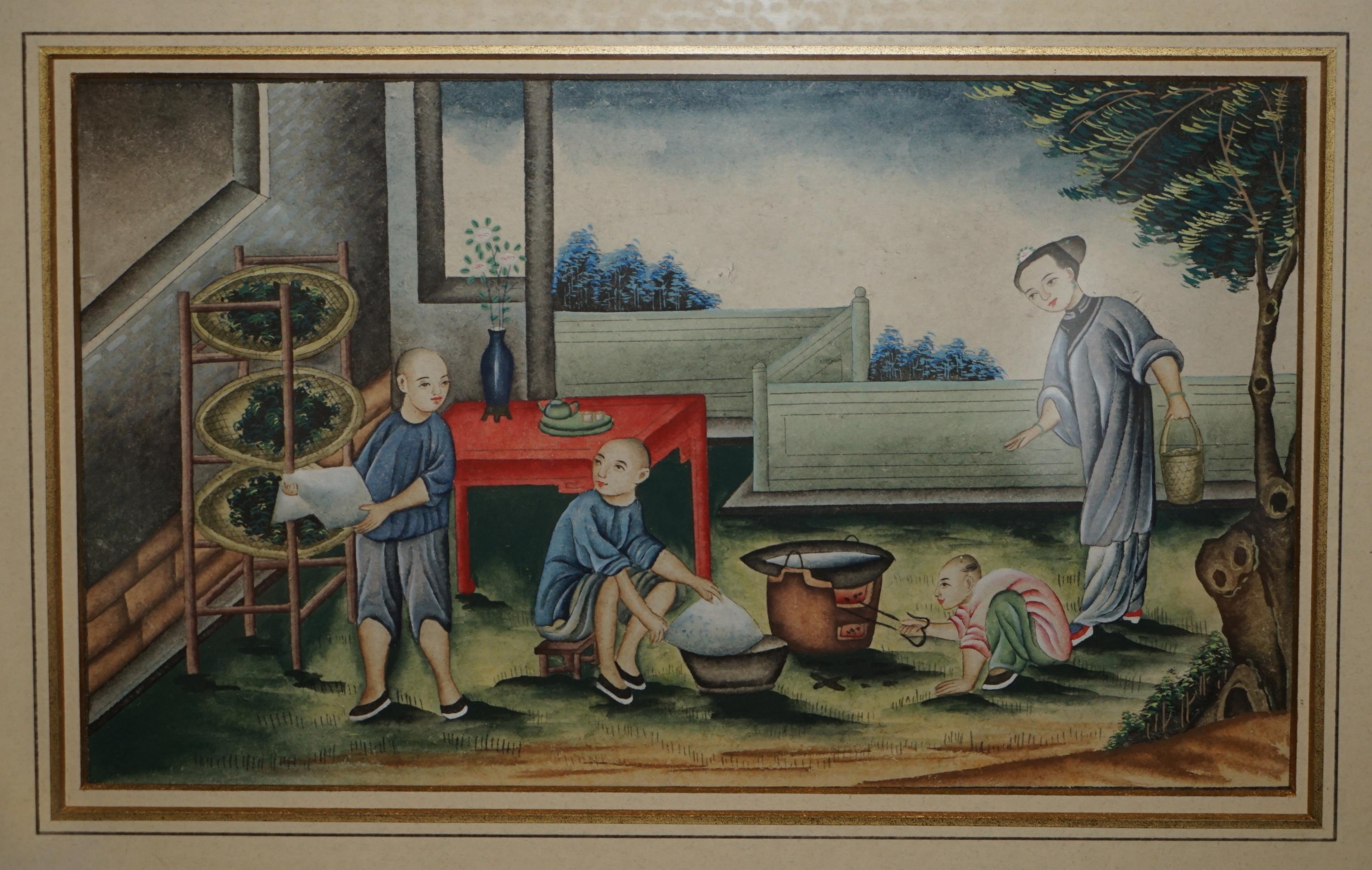 Cineserie SEI ANTICHE EXQUISITE PITTURE CINESI ALL'ACQUERELLO E CON LACCATURA in vendita