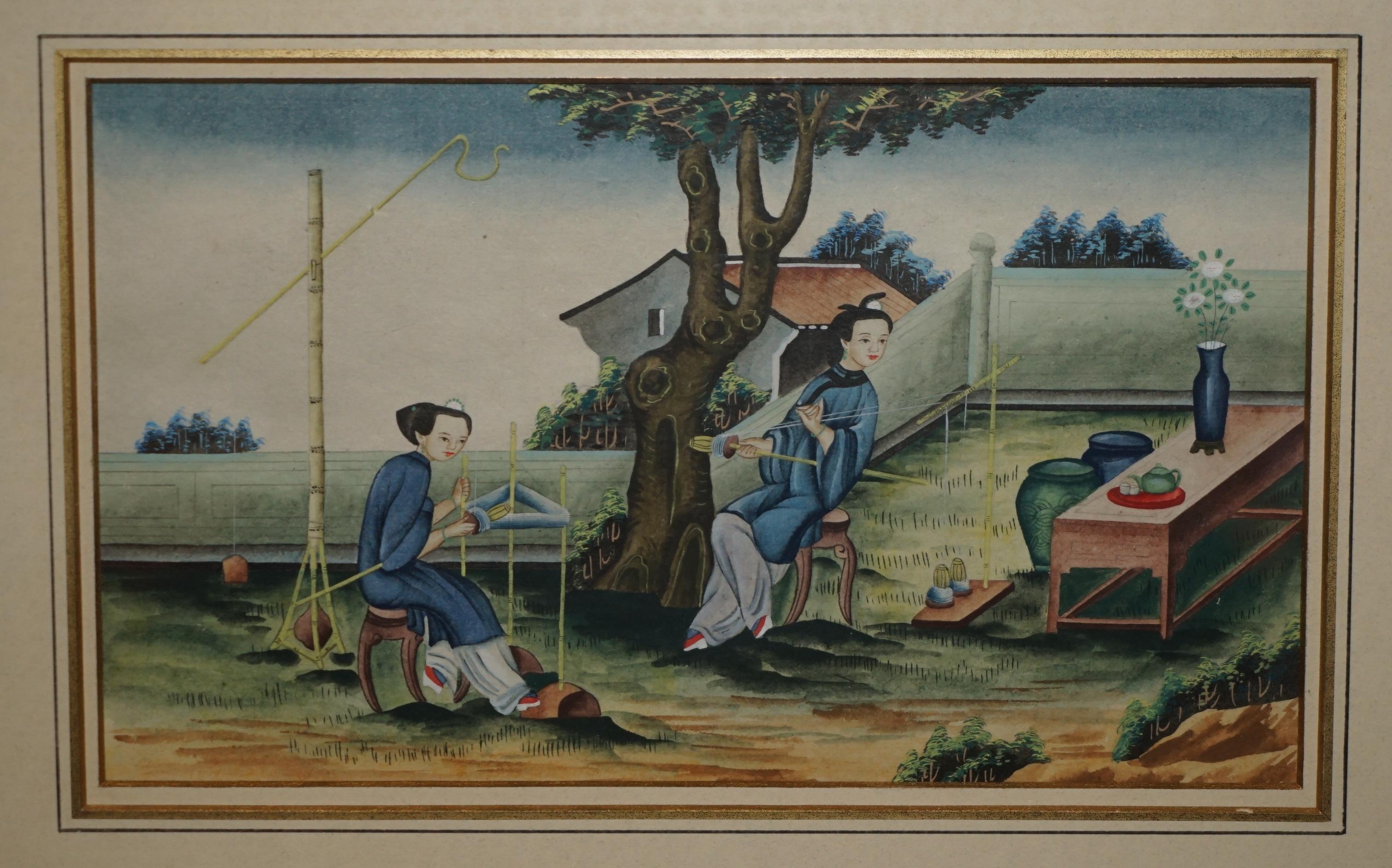 Fatto a mano SEI ANTICHE EXQUISITE PITTURE CINESI ALL'ACQUERELLO E CON LACCATURA in vendita