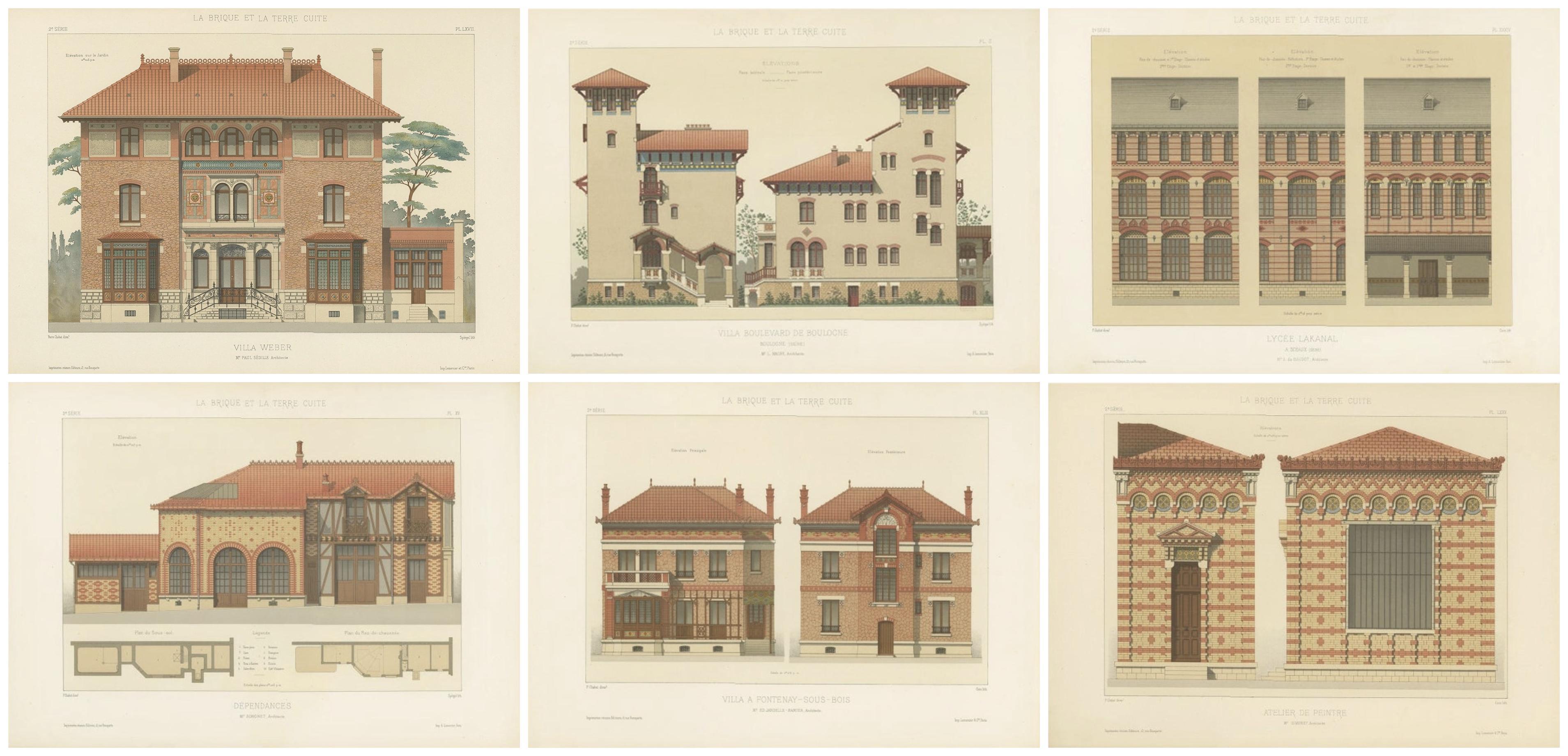 Six Antique French Architectural Prints from La Brique et La Terre Cuite, c.1900
