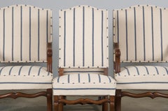 Six Antique French Louis XIII Os De Mouton Oak Dining Chairs in Striped Fabric