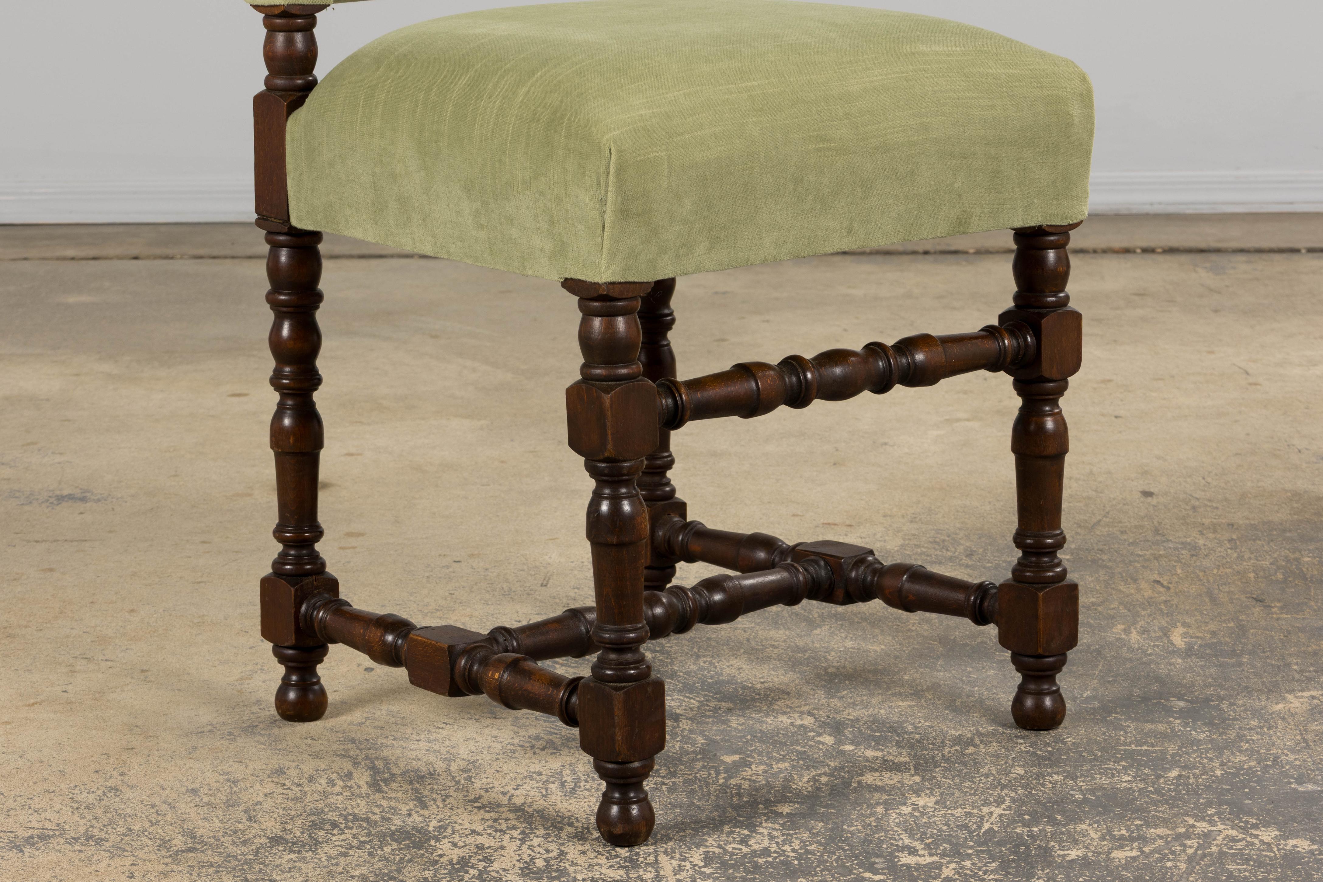 Six Antique French Louis XIII Style Oak Dining Chairs In Laurel Green Velvet For Sale 6