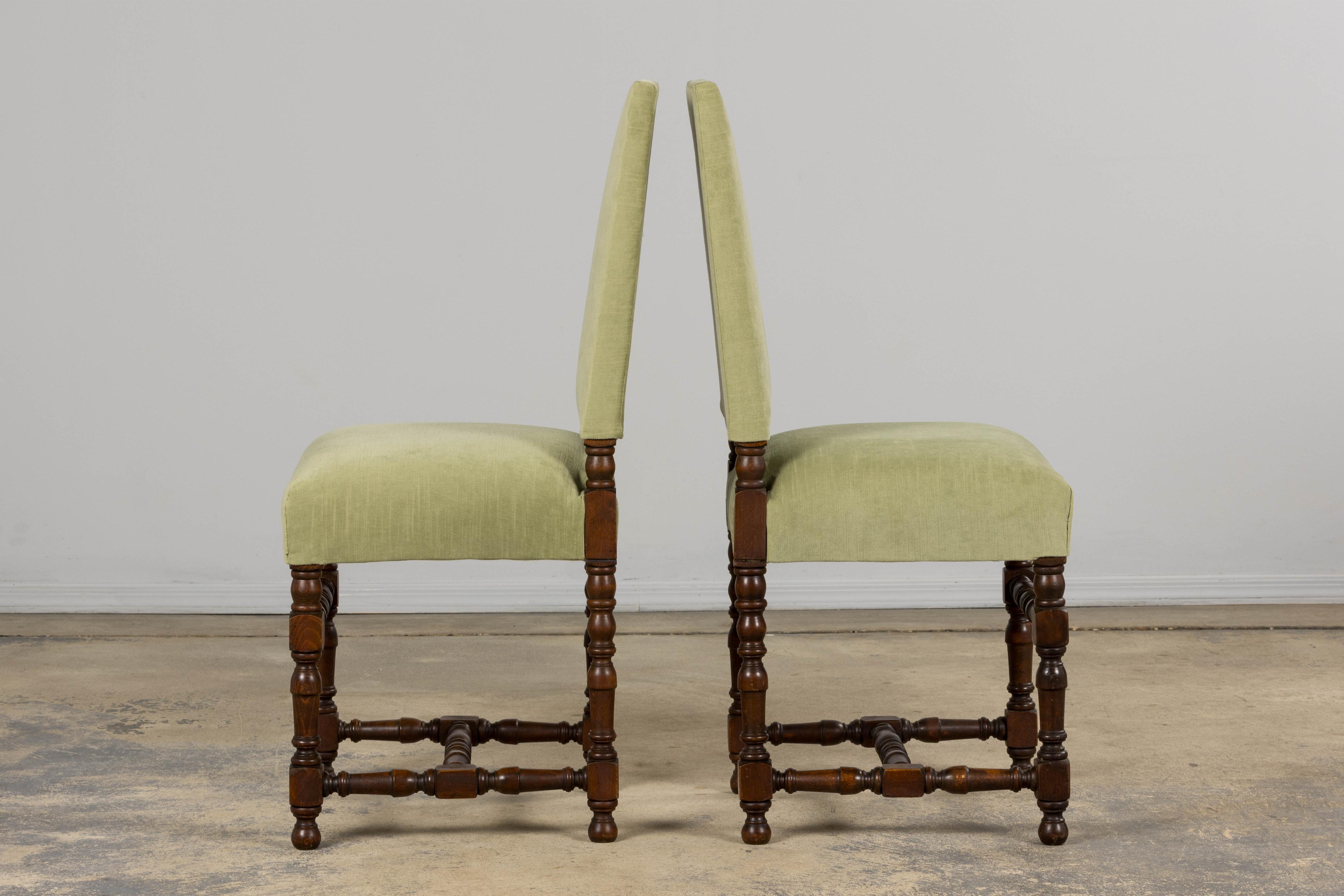 Six Antique French Louis XIII Style Oak Dining Chairs In Laurel Green Velvet For Sale 8