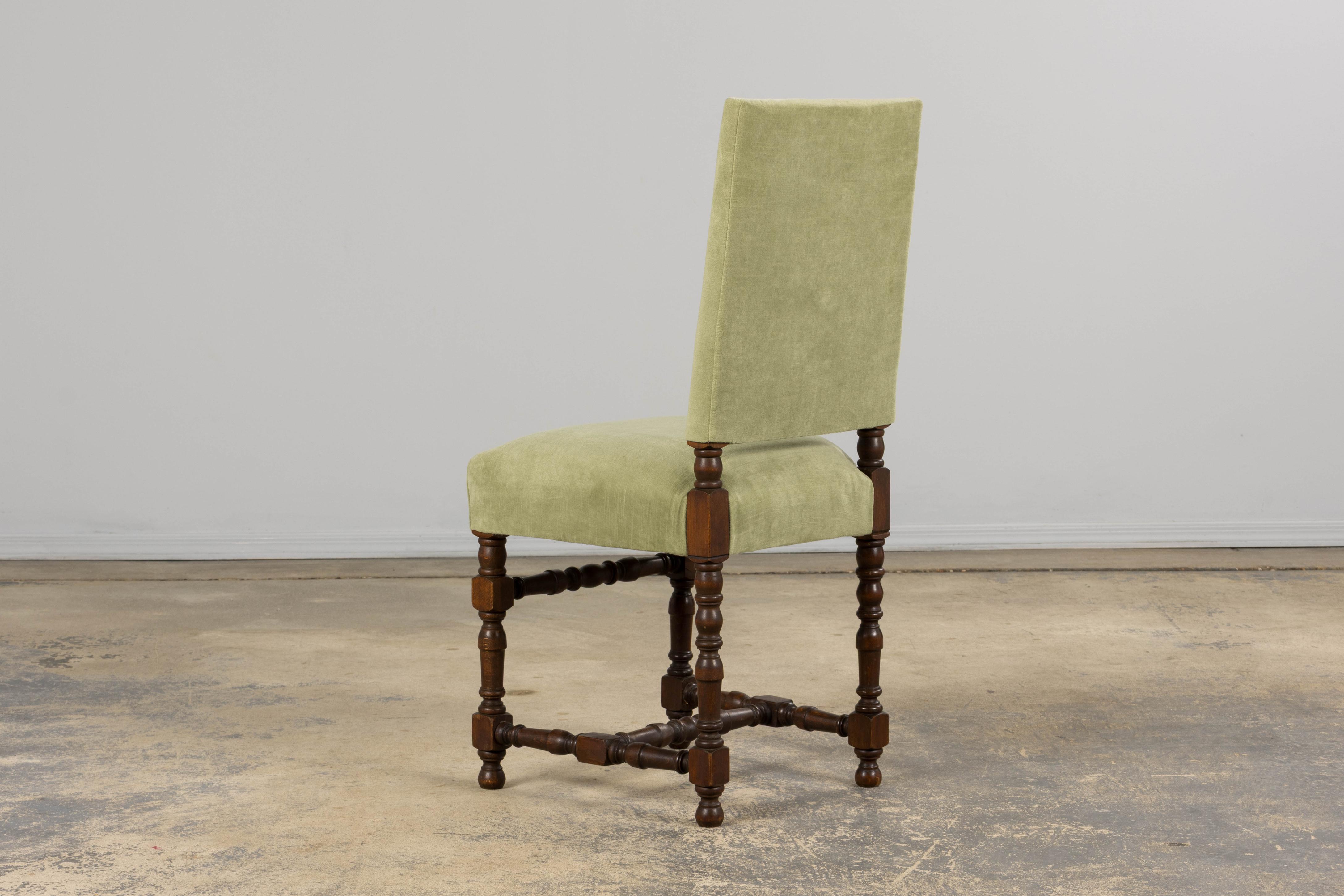 Six Antique French Louis XIII Style Oak Dining Chairs In Laurel Green Velvet For Sale 9