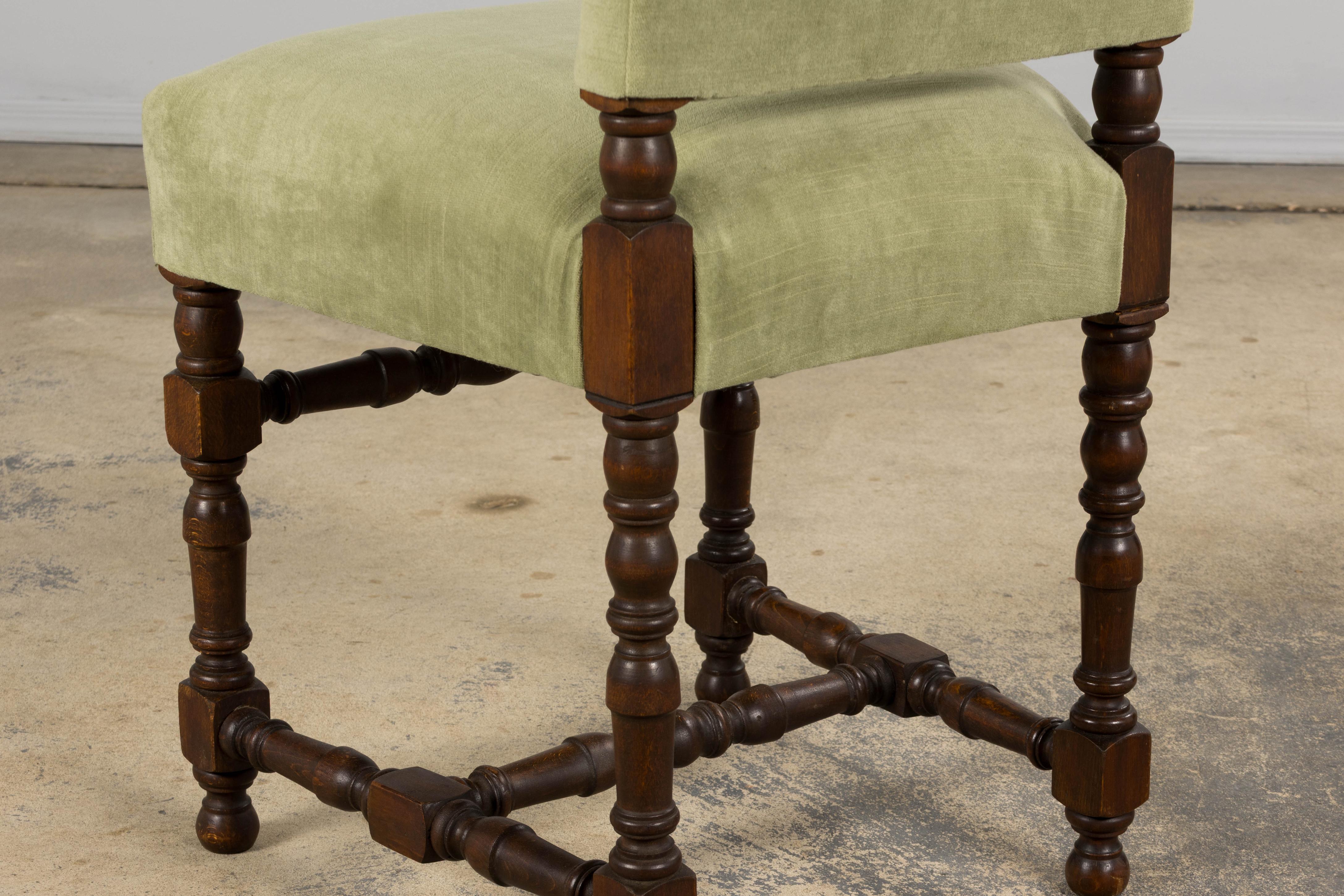 Six Antique French Louis XIII Style Oak Dining Chairs In Laurel Green Velvet For Sale 11
