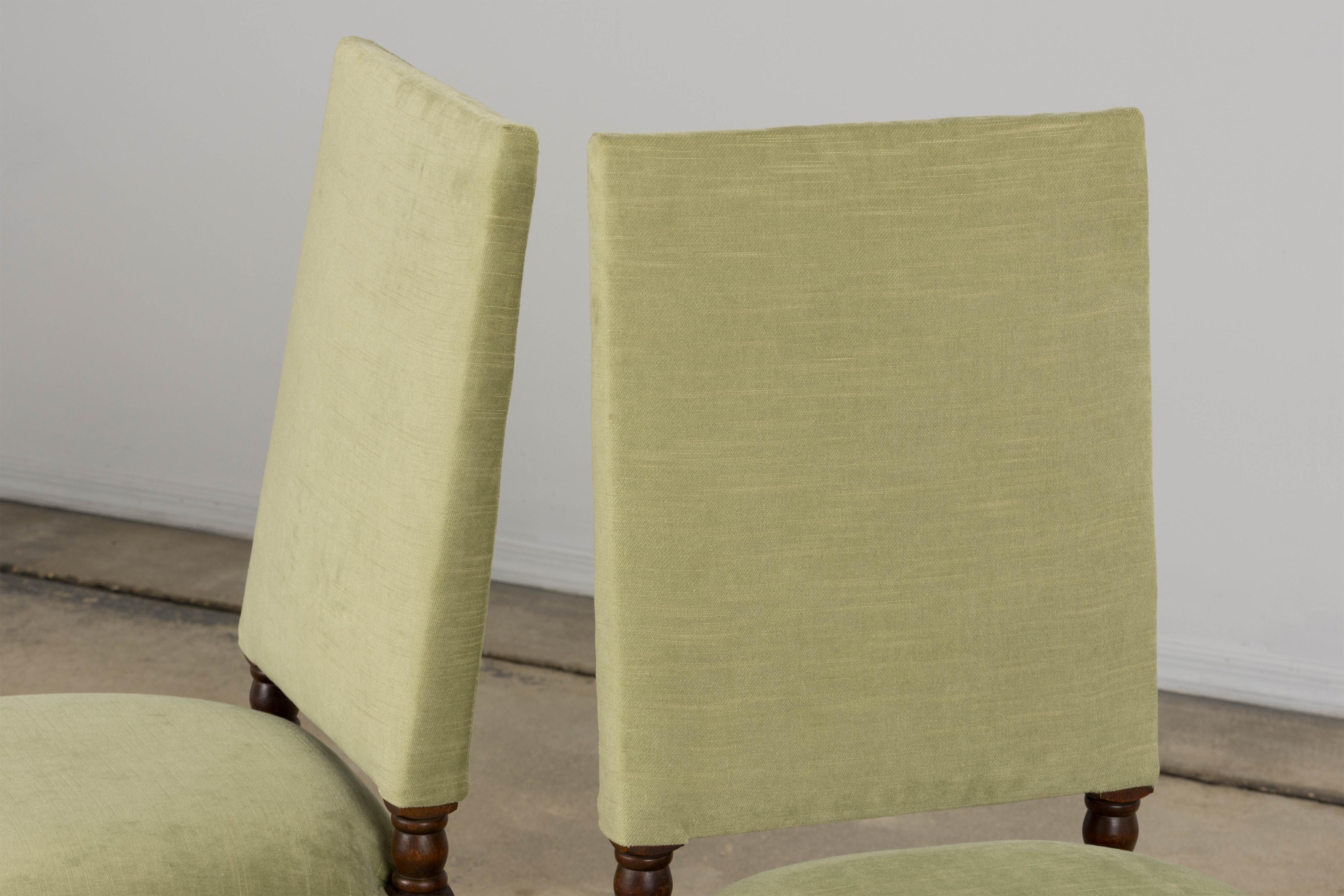 Six Antique French Louis XIII Style Oak Dining Chairs In Laurel Green Velvet For Sale 13