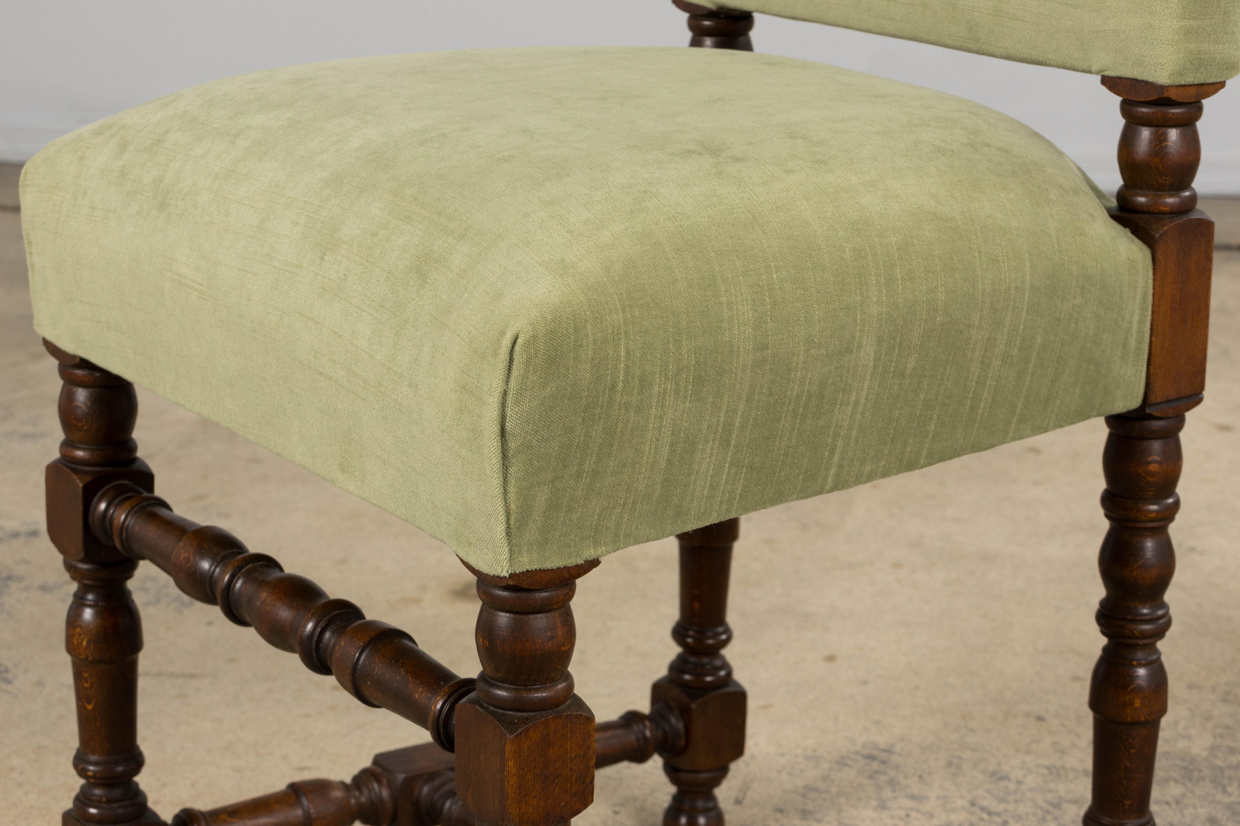 Six Antique French Louis XIII Style Oak Dining Chairs In Laurel Green Velvet For Sale 14