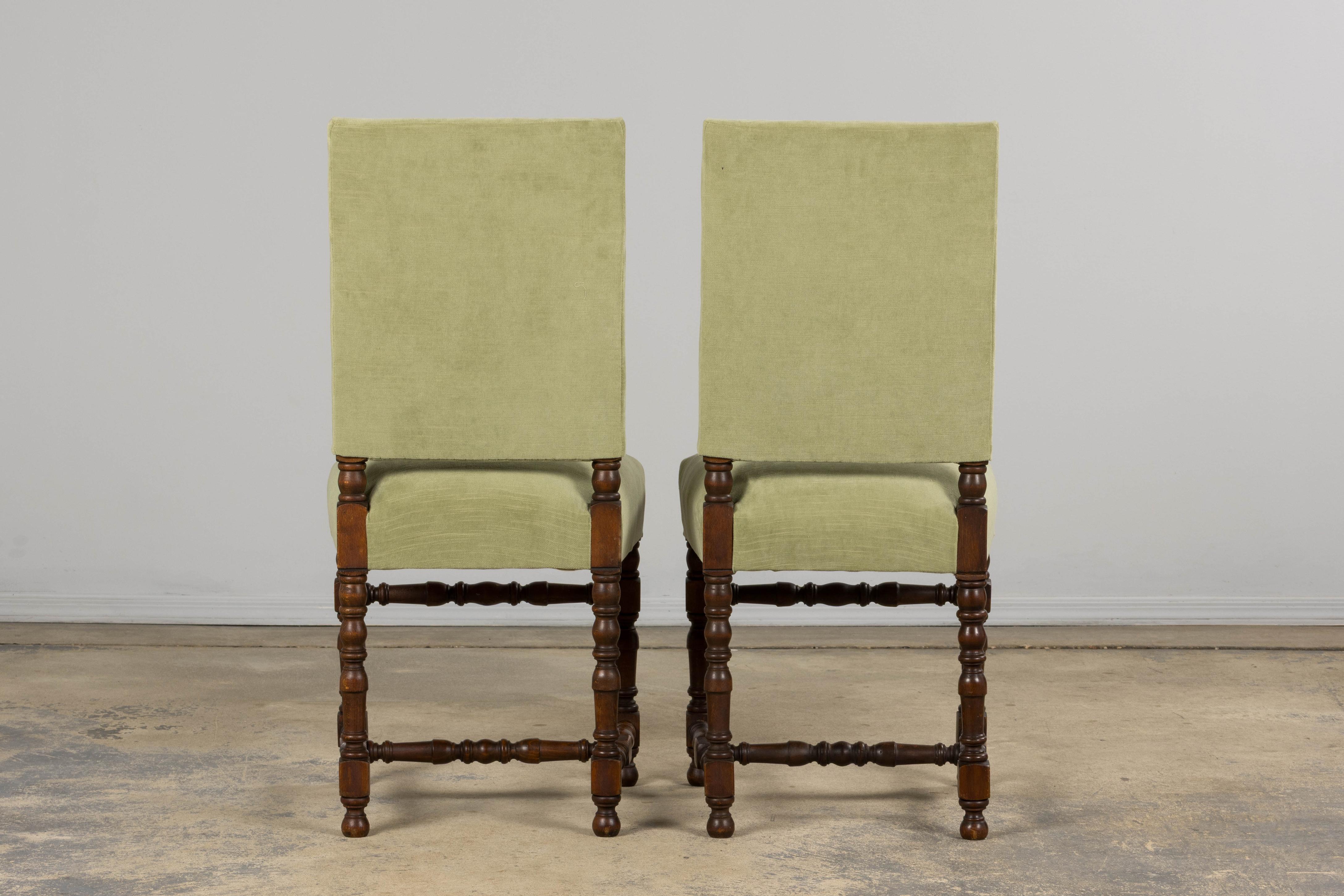 Six Antique French Louis XIII Style Oak Dining Chairs In Laurel Green Velvet For Sale 15