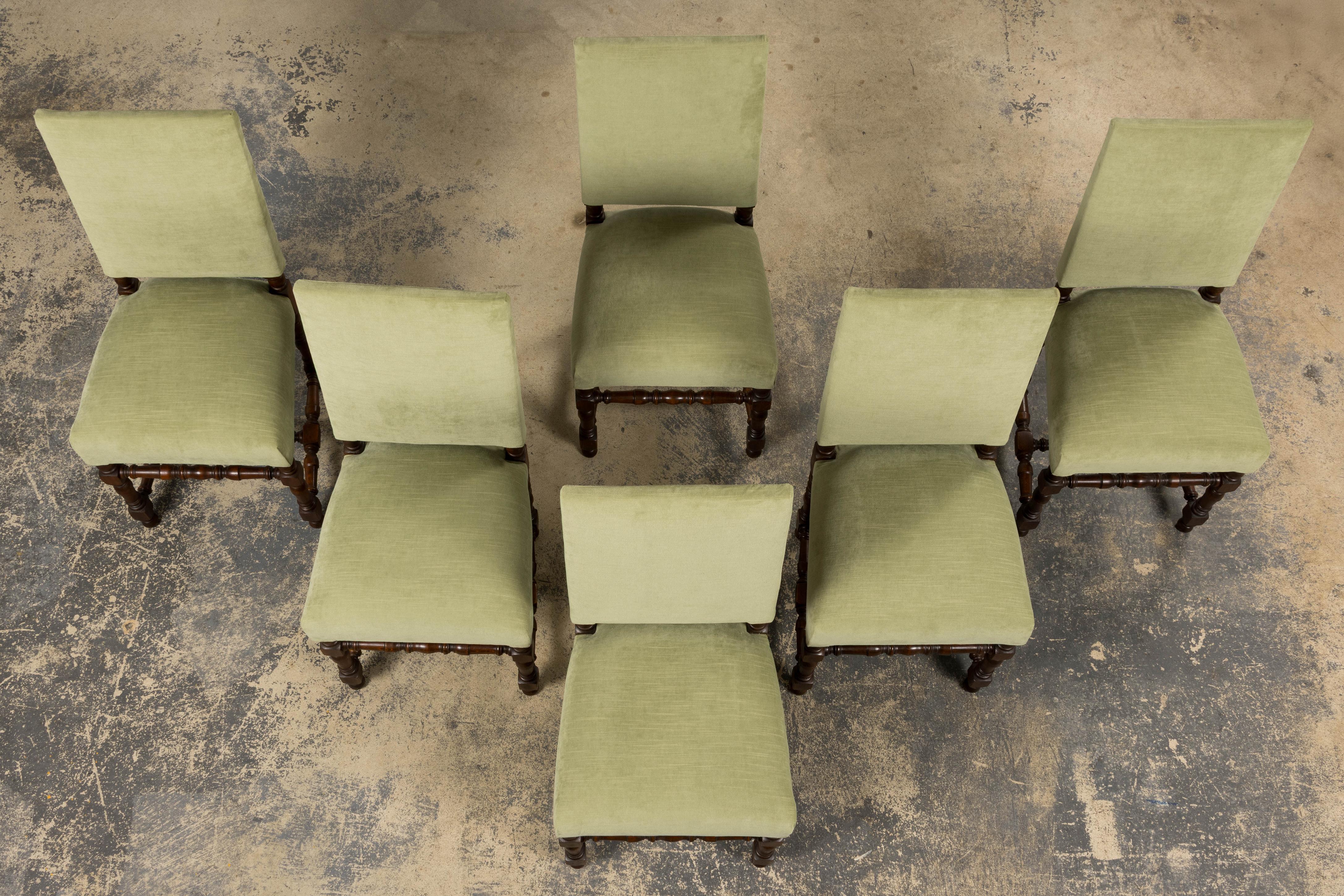 Hand-Carved Six Antique French Louis XIII Style Oak Dining Chairs In Laurel Green Velvet For Sale