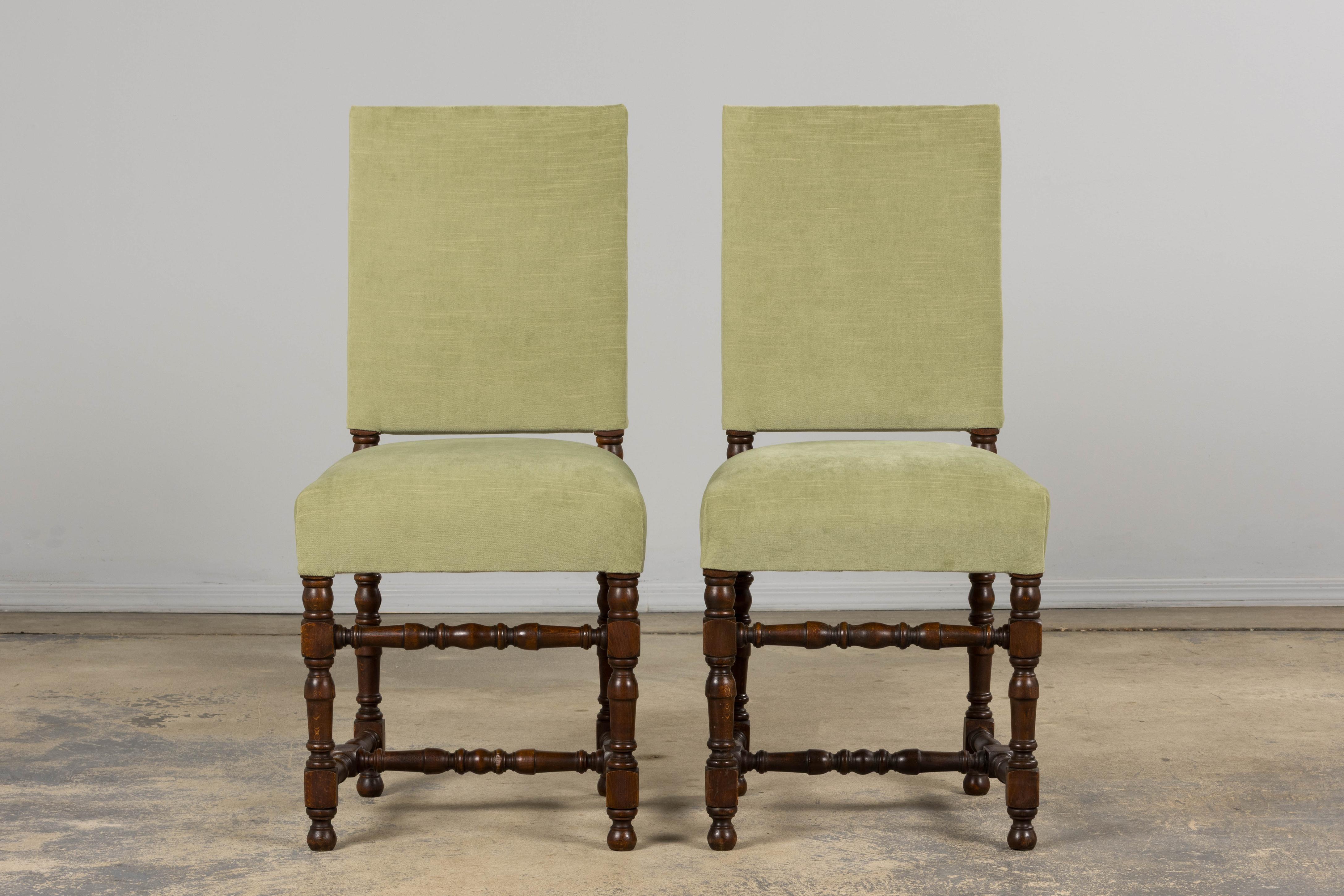 19th Century Six Antique French Louis XIII Style Oak Dining Chairs In Laurel Green Velvet For Sale