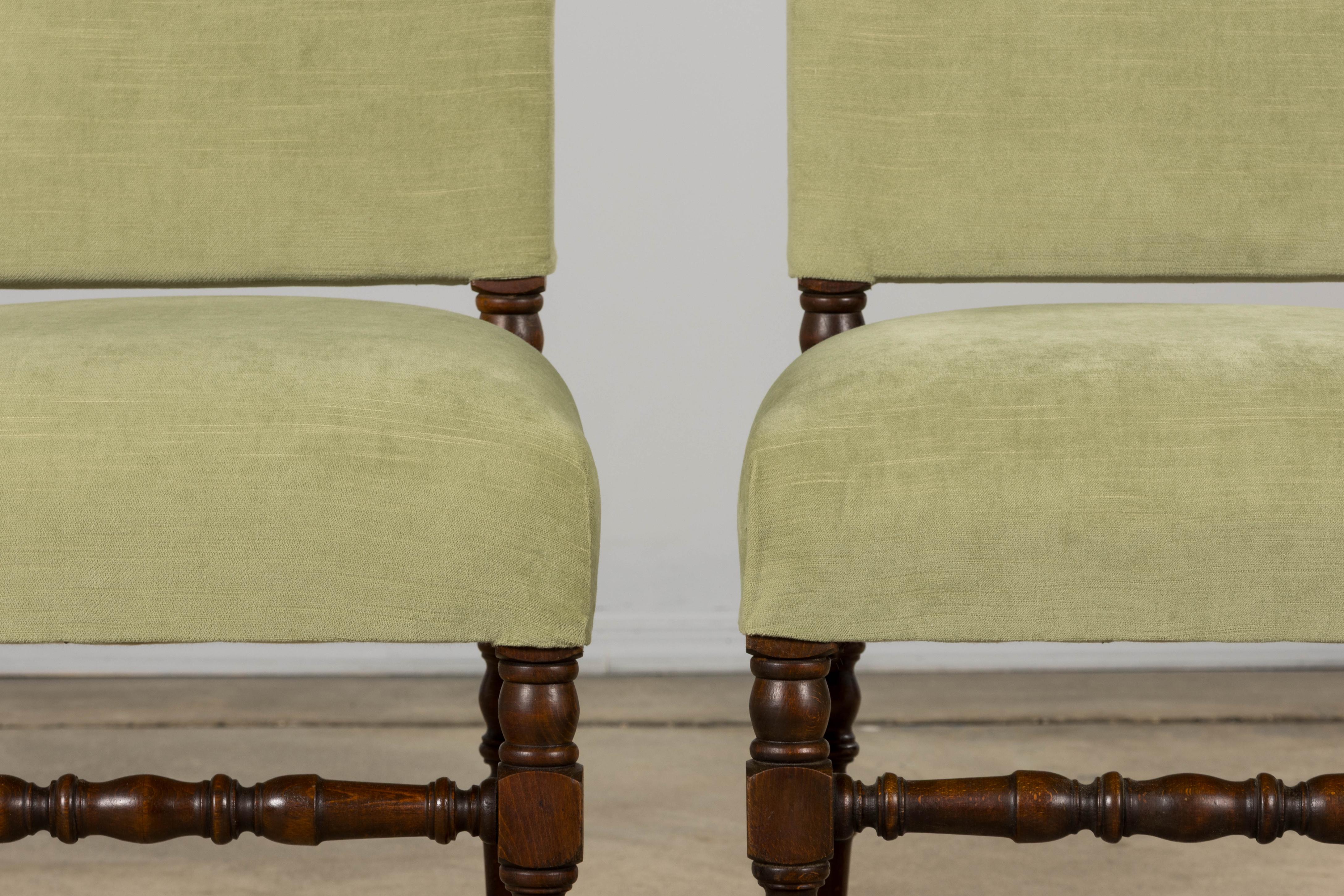 Six Antique French Louis XIII Style Oak Dining Chairs In Laurel Green Velvet For Sale 1