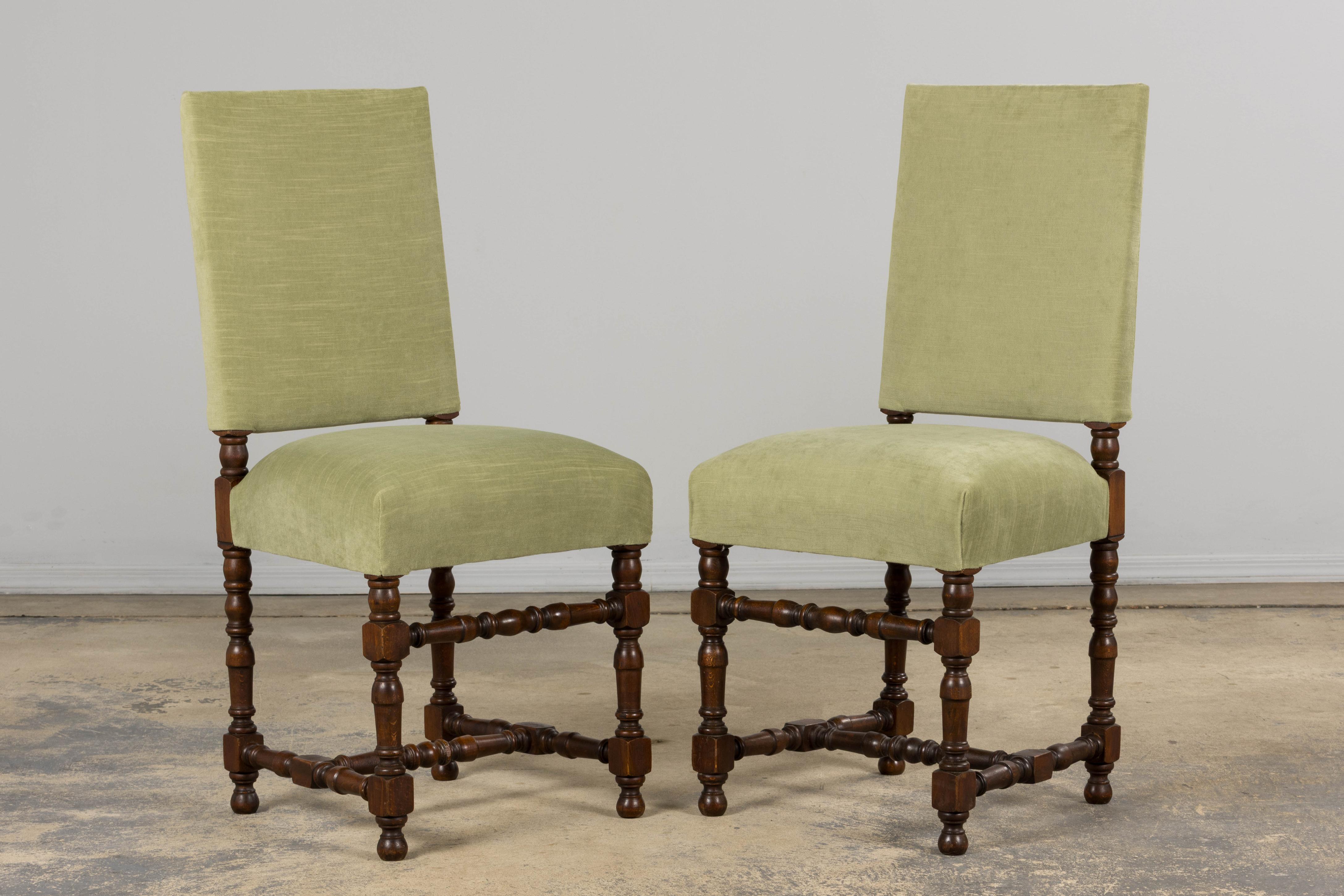 Six Antique French Louis XIII Style Oak Dining Chairs In Laurel Green Velvet For Sale 2