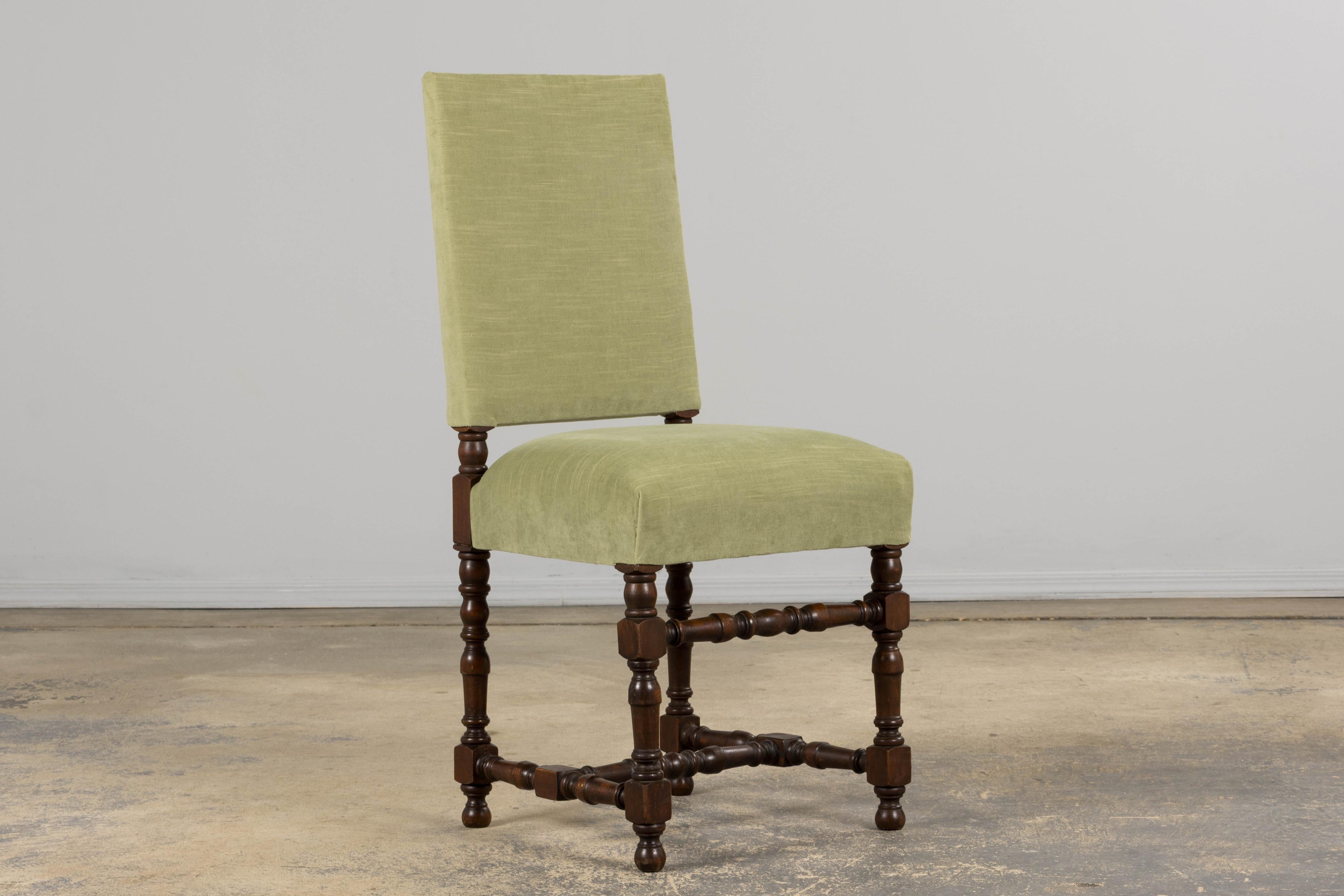Six Antique French Louis XIII Style Oak Dining Chairs In Laurel Green Velvet For Sale 3