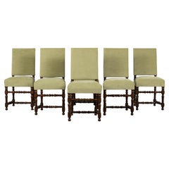Six Antique French Louis XIII Style Oak Dining Chairs In Laurel Green Velvet