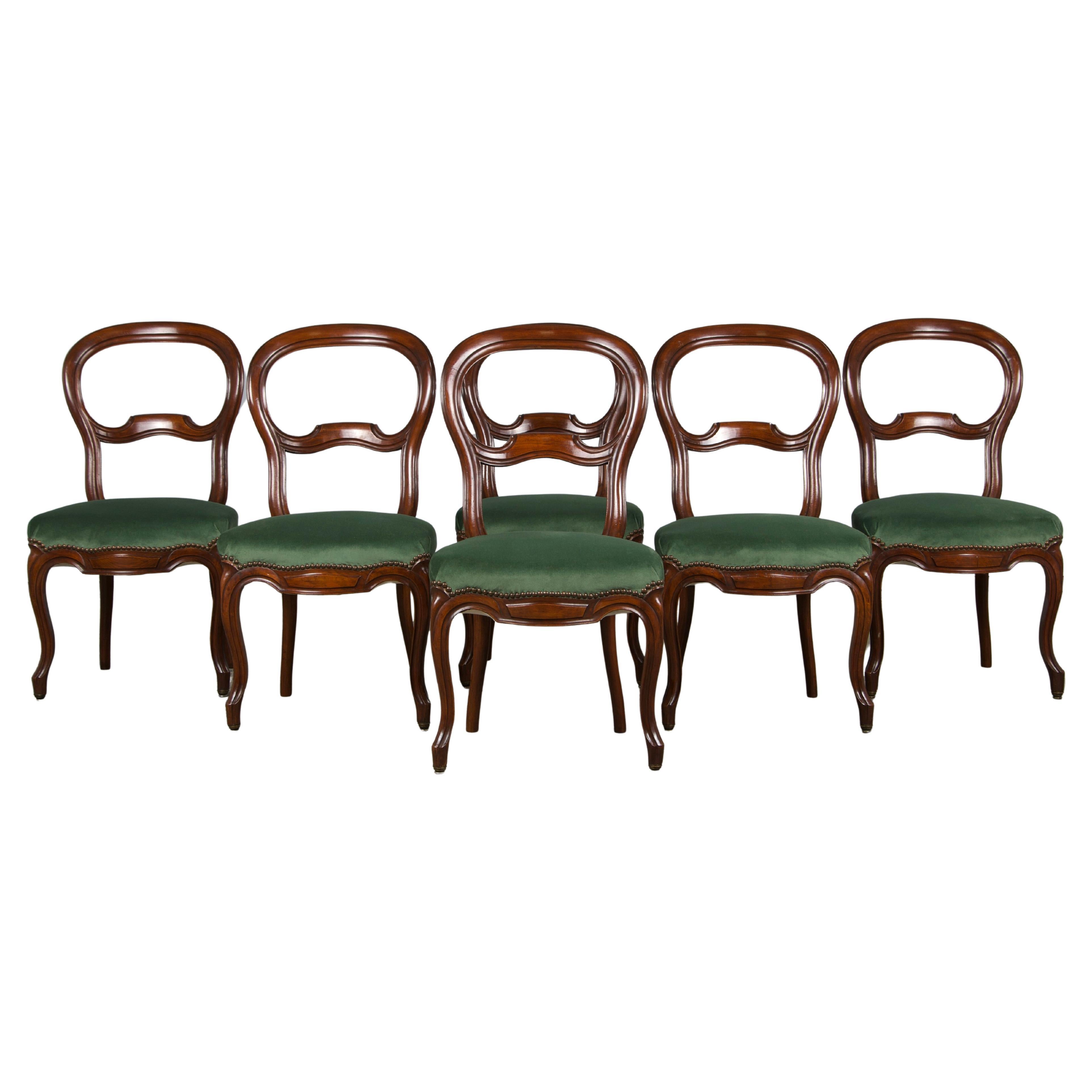 Six Antique French Louis XV Balloon Back Maple Dining Chairs in Green Velvet For Sale