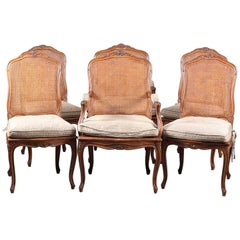 Six Antique French Louis XV Style Carved Walnut and Caned Dining Room Chairs