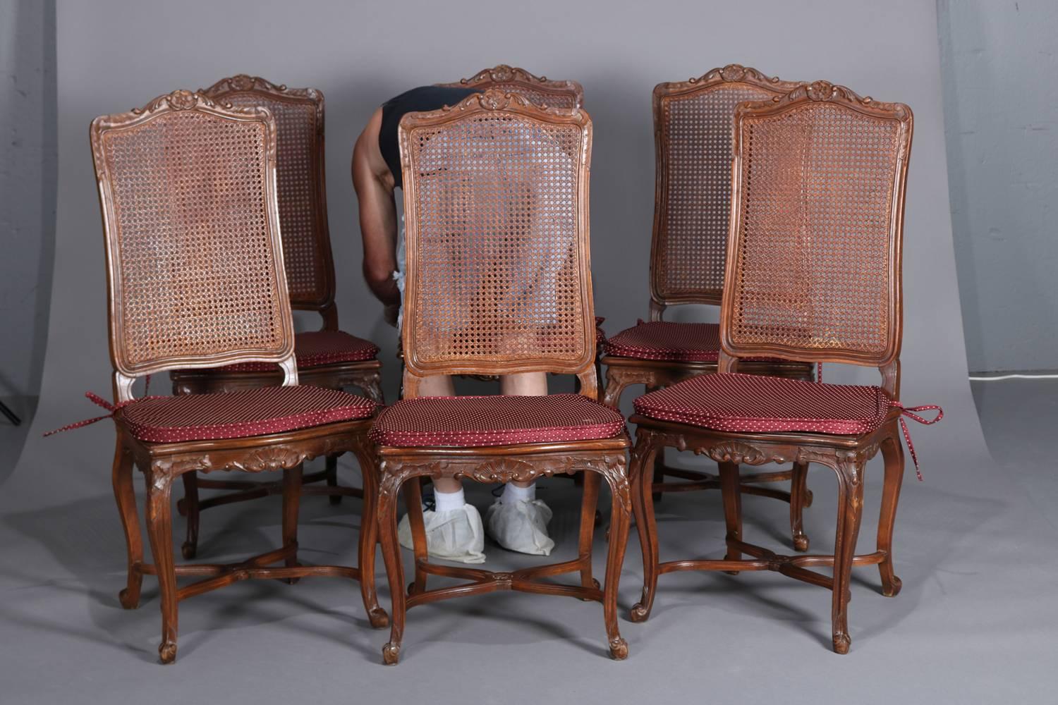 Six Antique French Louis XVI Carved Mahogany Caned Tall Back Dining Chairs 4