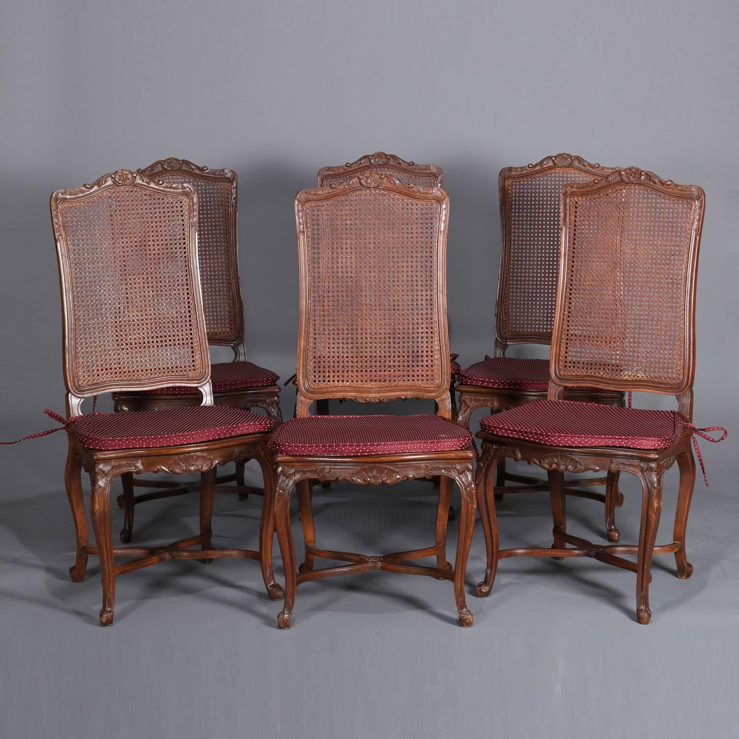 Six Antique French Louis XVI Carved Mahogany Caned Tall Back Dining Chairs 5