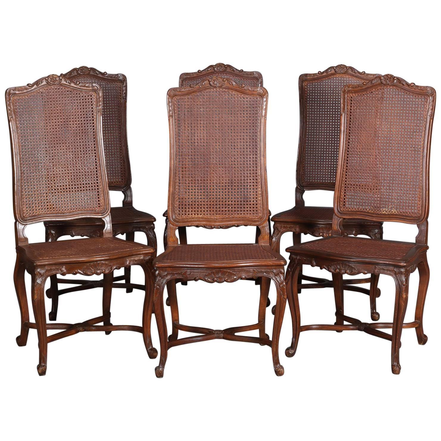 Six Antique French Louis XVI Carved Mahogany Caned Tall Back Dining Chairs