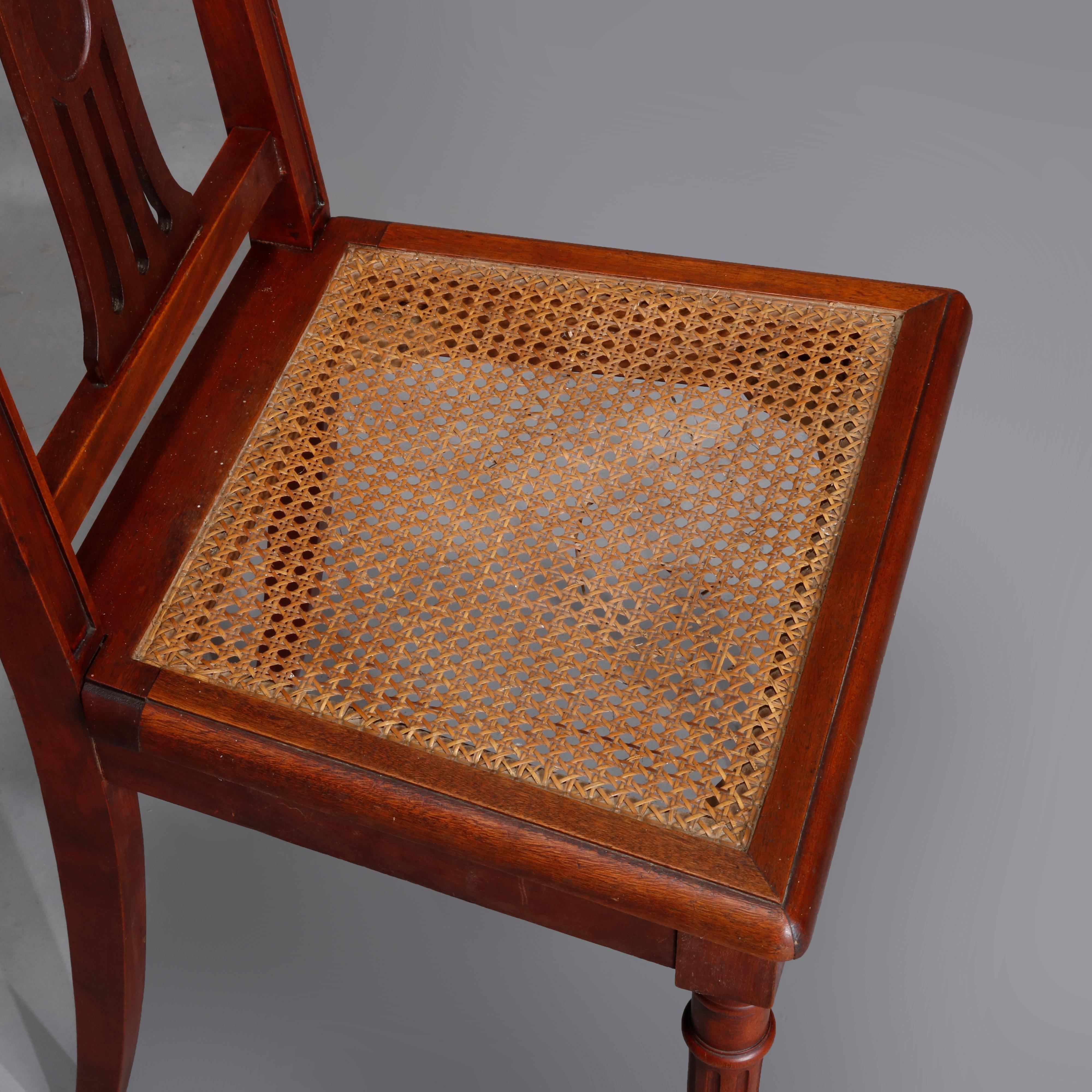 Six Antique French Louis XVI Mahogany Cane Seat Chairs, Early 20th Century 6