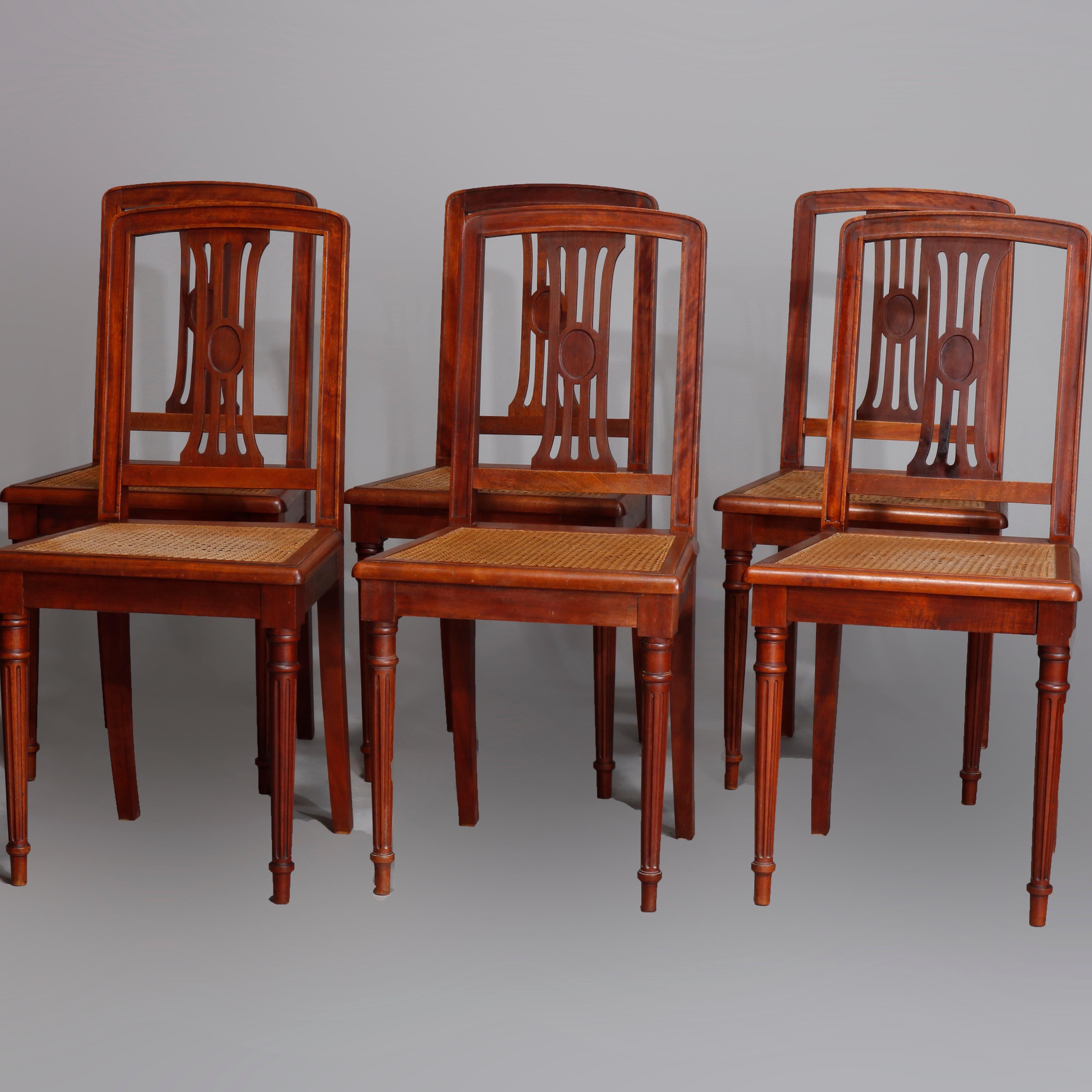 Six Antique French Louis XVI Mahogany Cane Seat Chairs, Early 20th Century In Good Condition For Sale In Big Flats, NY