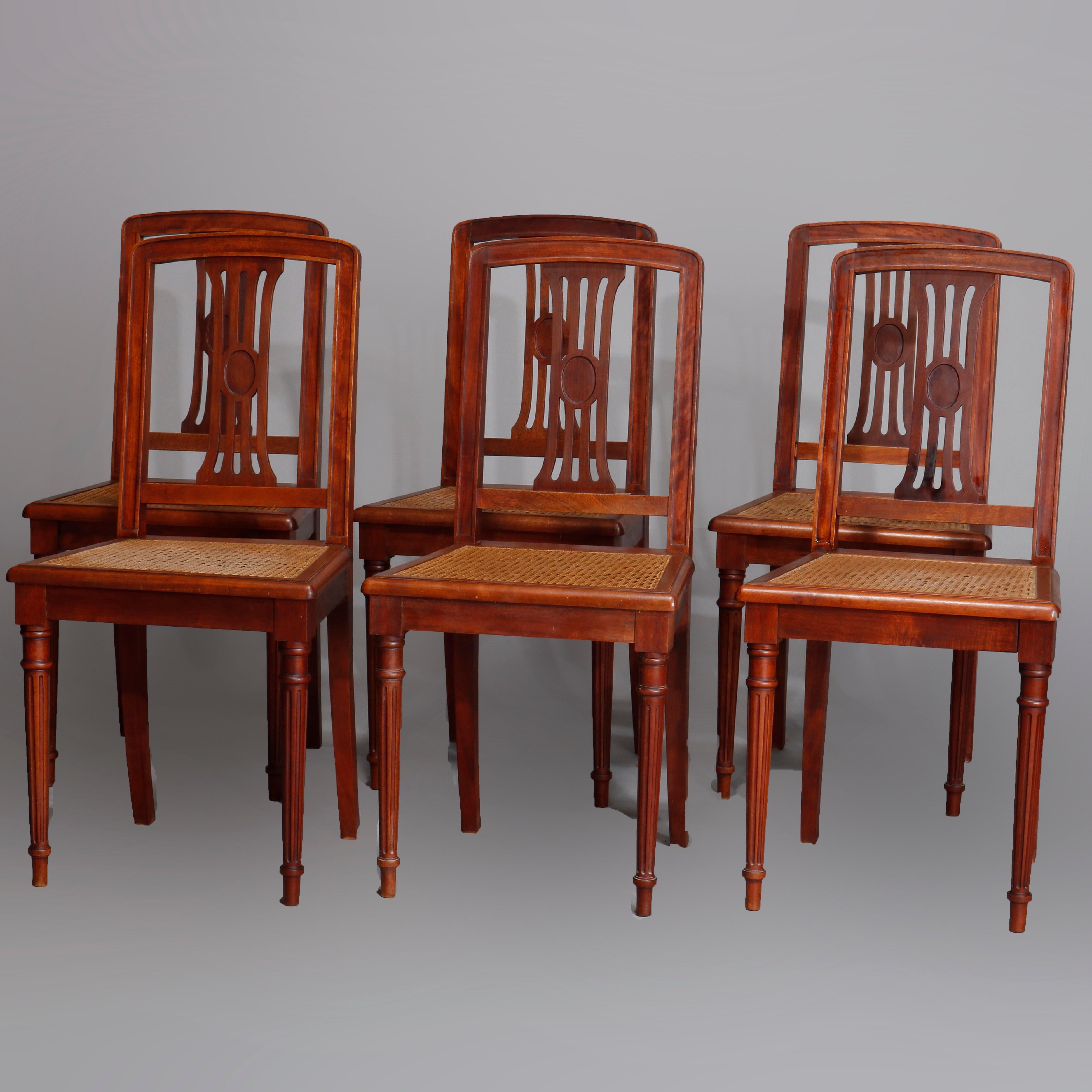Six Antique French Louis XVI Mahogany Cane Seat Chairs, Early 20th Century 5