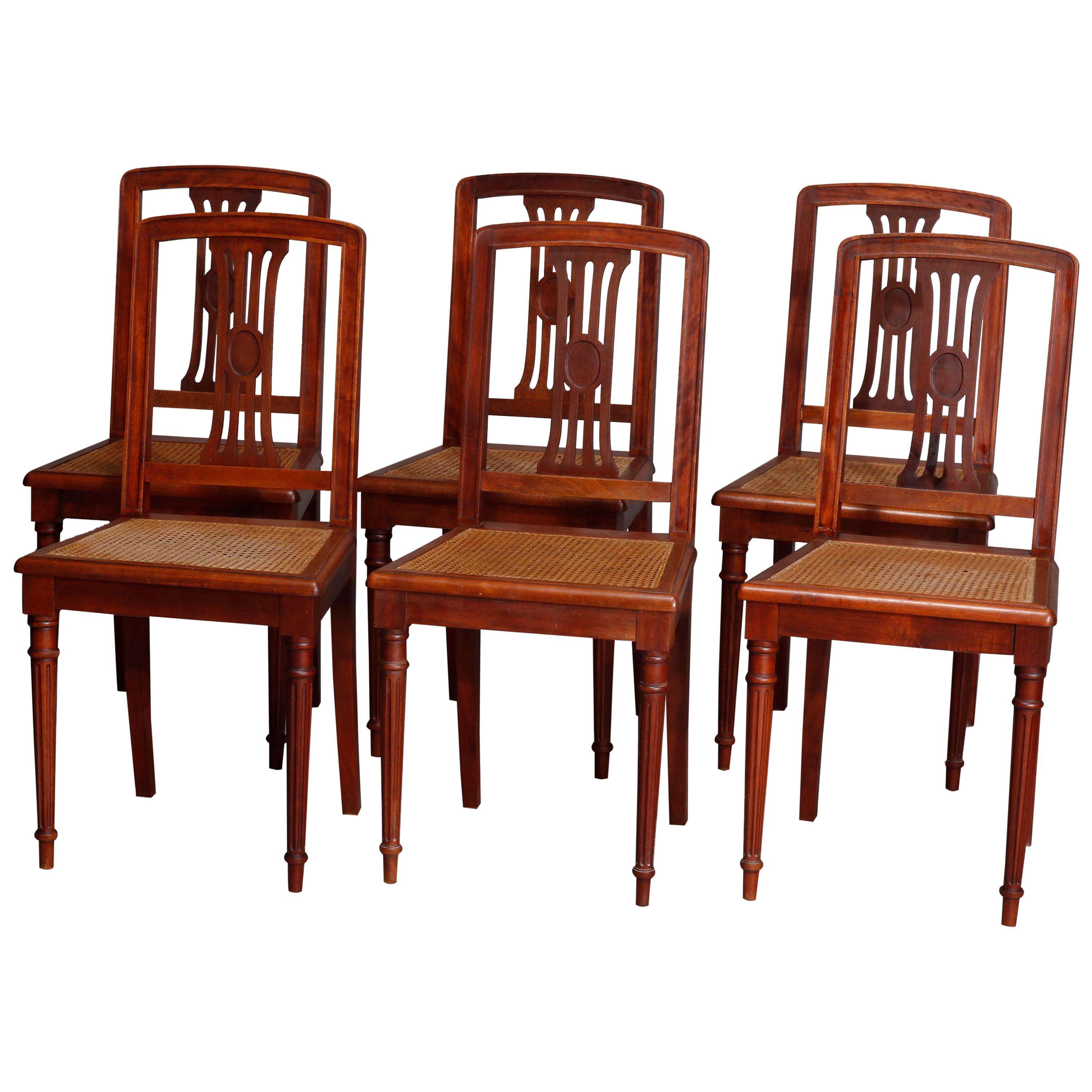 Six Antique French Louis XVI Mahogany Cane Seat Chairs, Early 20th Century For Sale