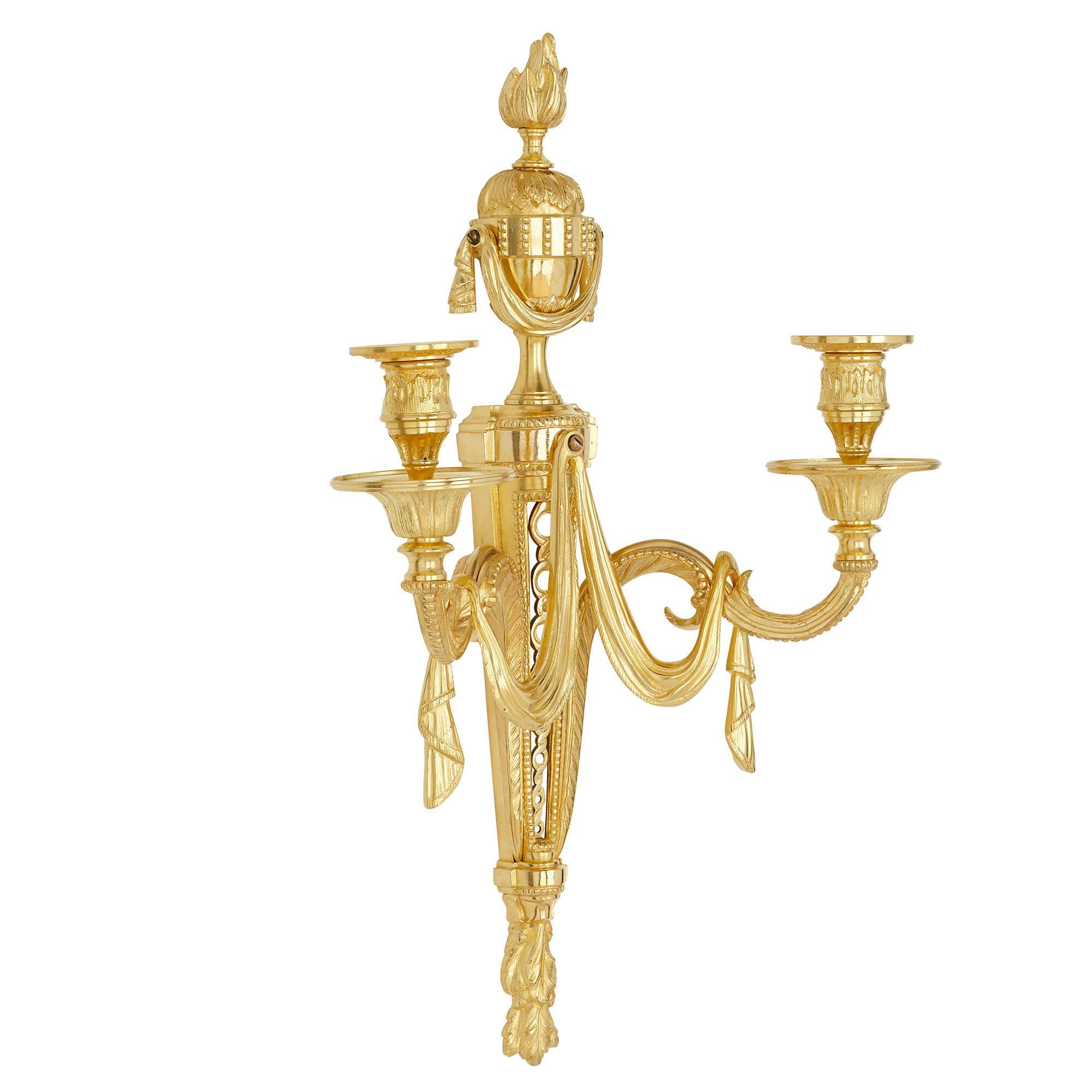 Neoclassical Six Antique French Louis XVI Style Gilt Bronze Wall Sconces