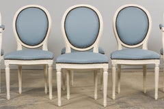 Sechs Antique French Louis XVI Style Painted Dining Chairs in Sky Blue Leather