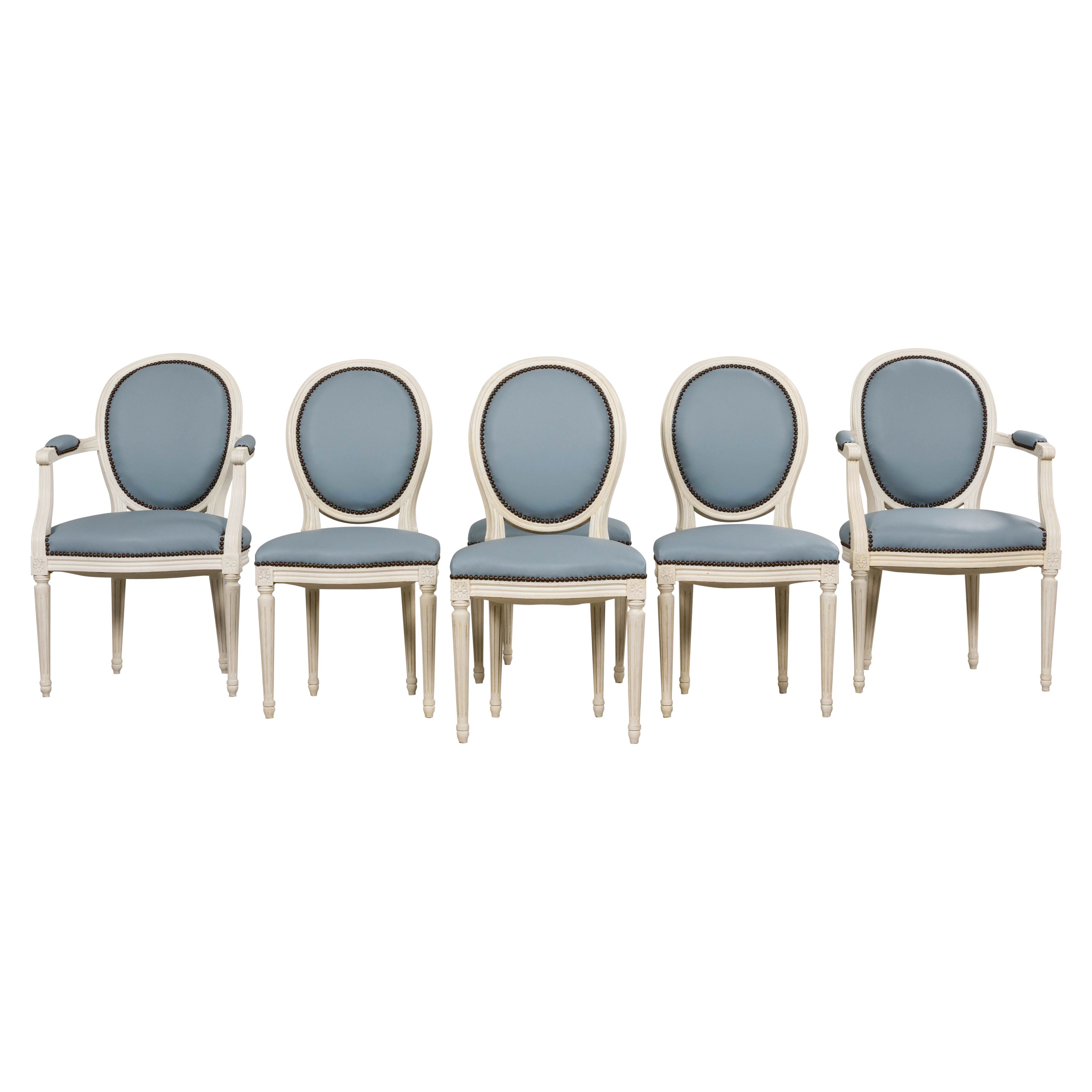 Set of Six Louis XVI Dining Chairs, Hardwood & Leather, Paris, 1900