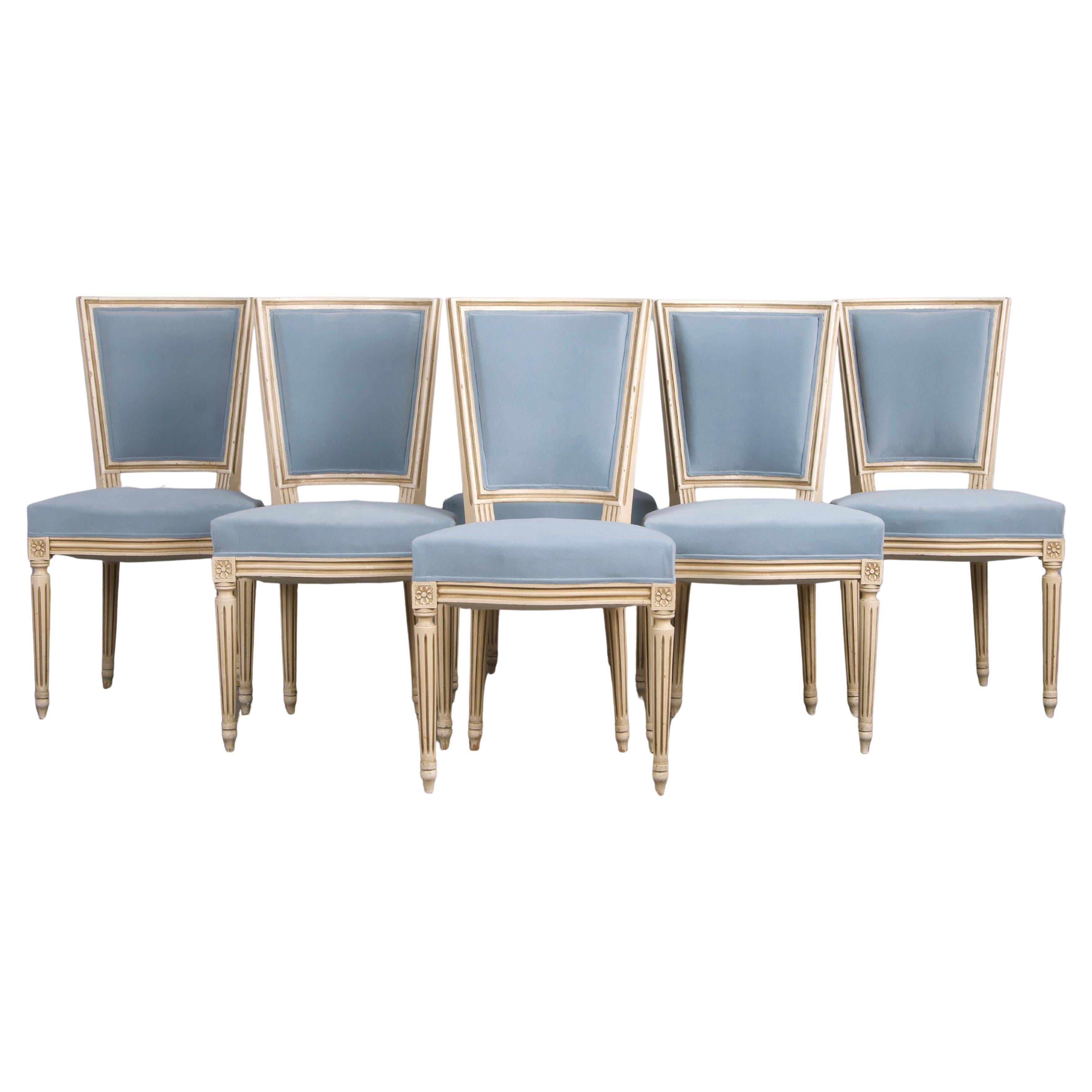 Six Antique French Louis XVI Style Painted Dining Chairs W/ Dusty Blue Velvet