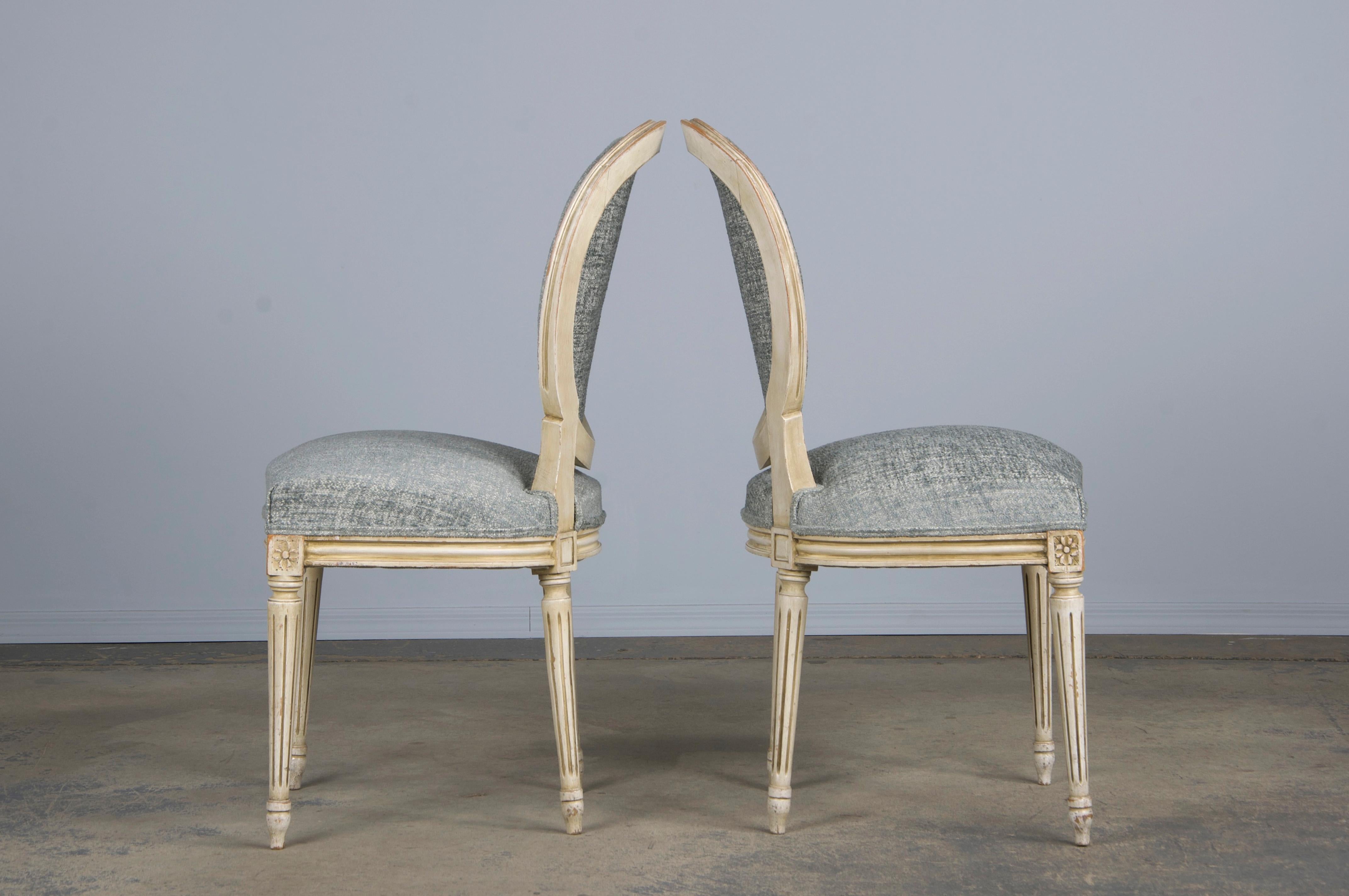 Six Antique French Louis XVI Style Painted Dining Chairs W/ Grey Blue Chenille For Sale 6
