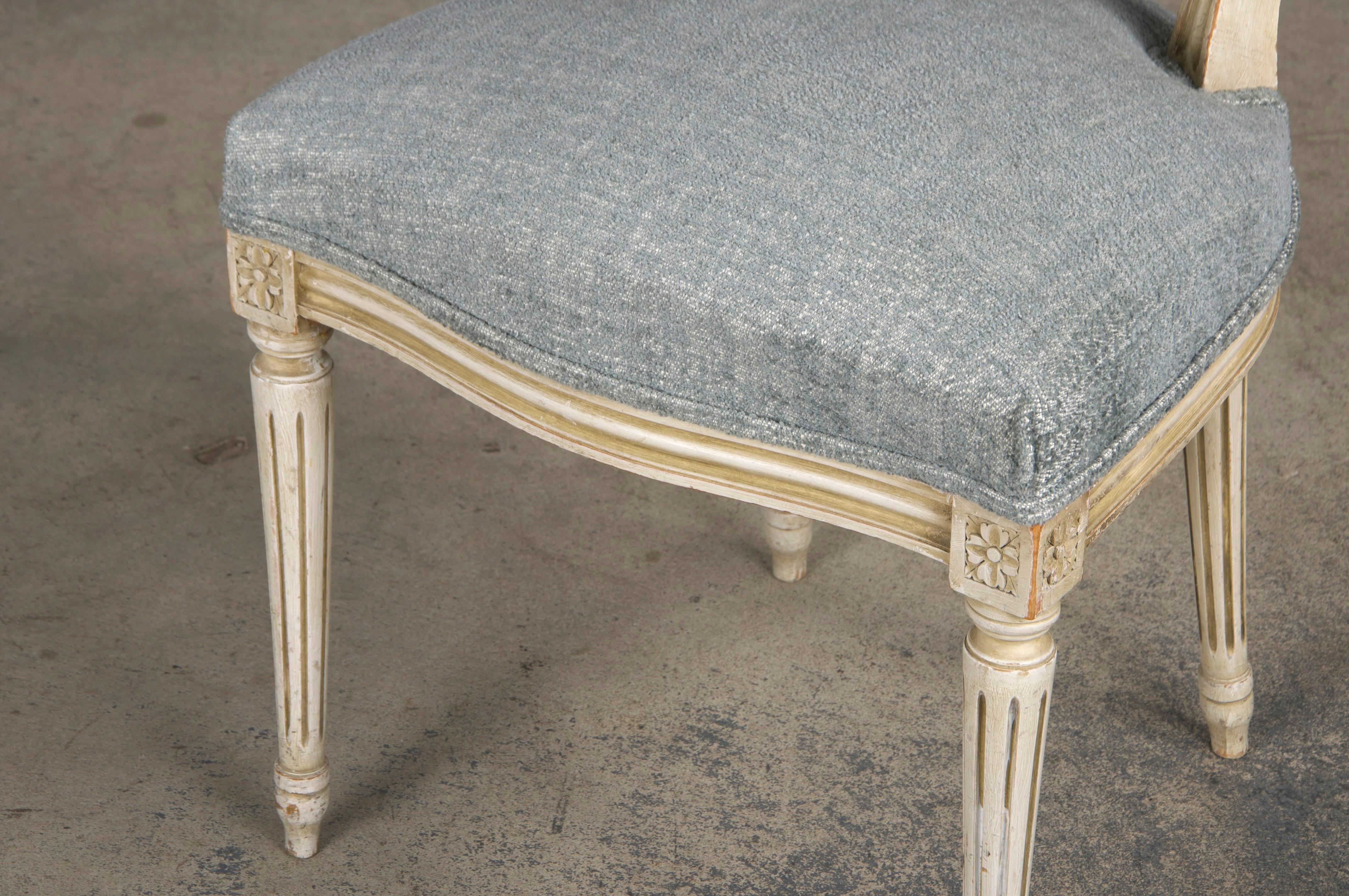 Six Antique French Louis XVI Style Painted Dining Chairs W/ Grey Blue Chenille For Sale 9