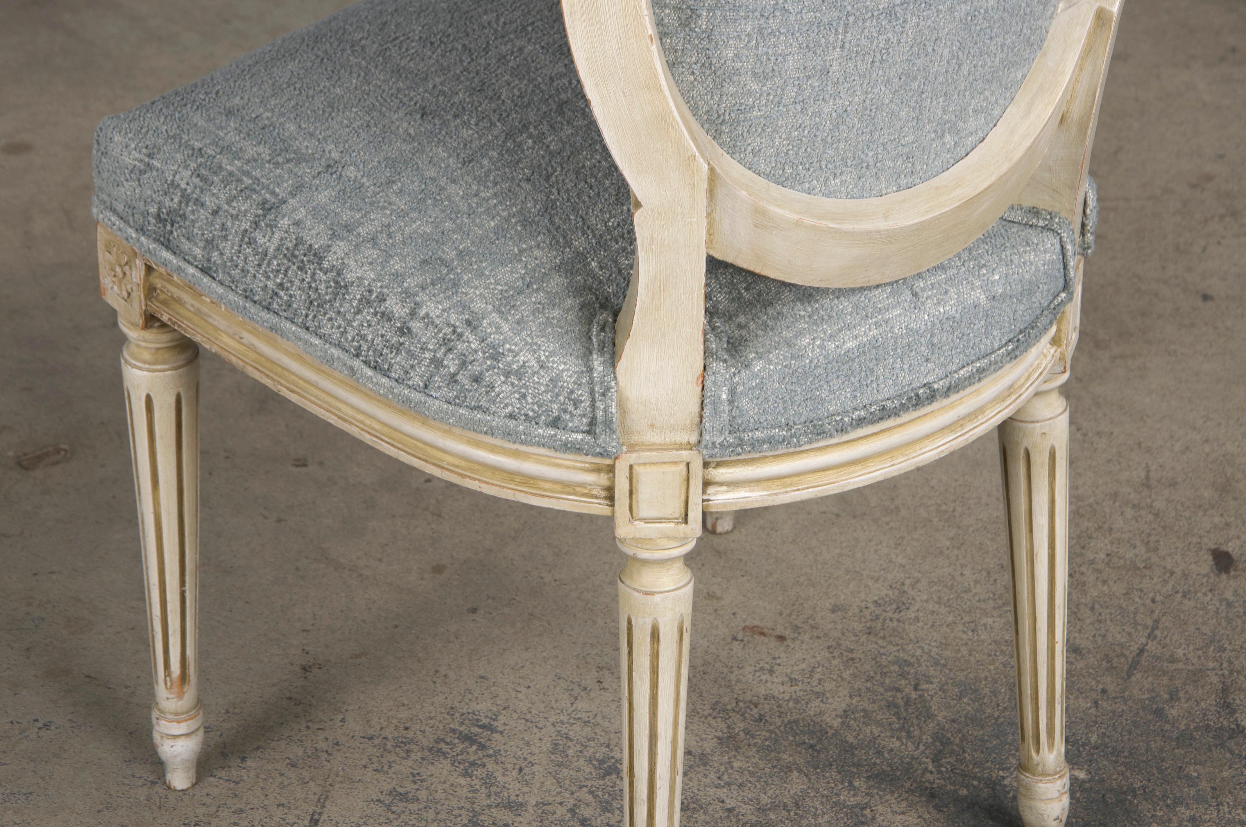 Six Antique French Louis XVI Style Painted Dining Chairs W/ Grey Blue Chenille For Sale 10