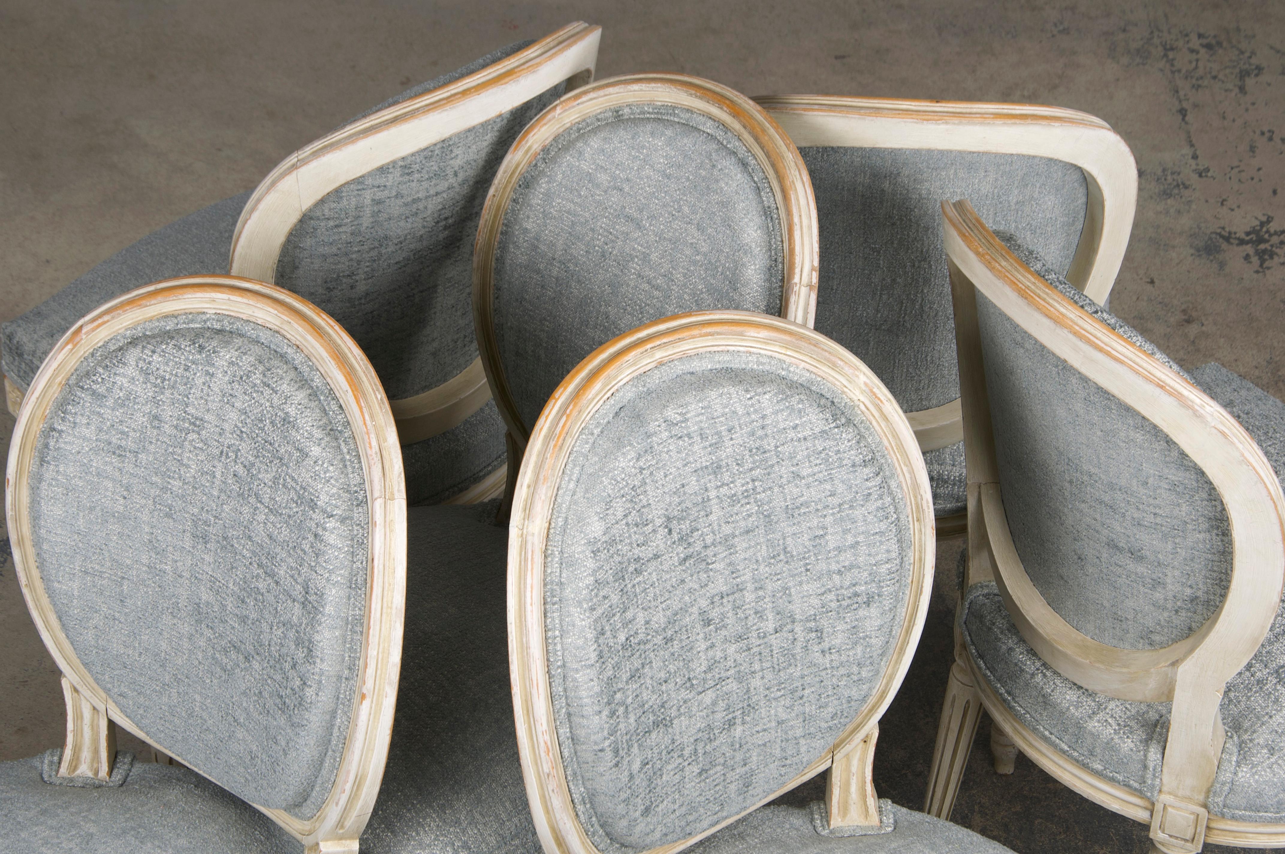 Six Antique French Louis XVI Style Painted Dining Chairs W/ Grey Blue Chenille In Good Condition For Sale In Astoria, NY