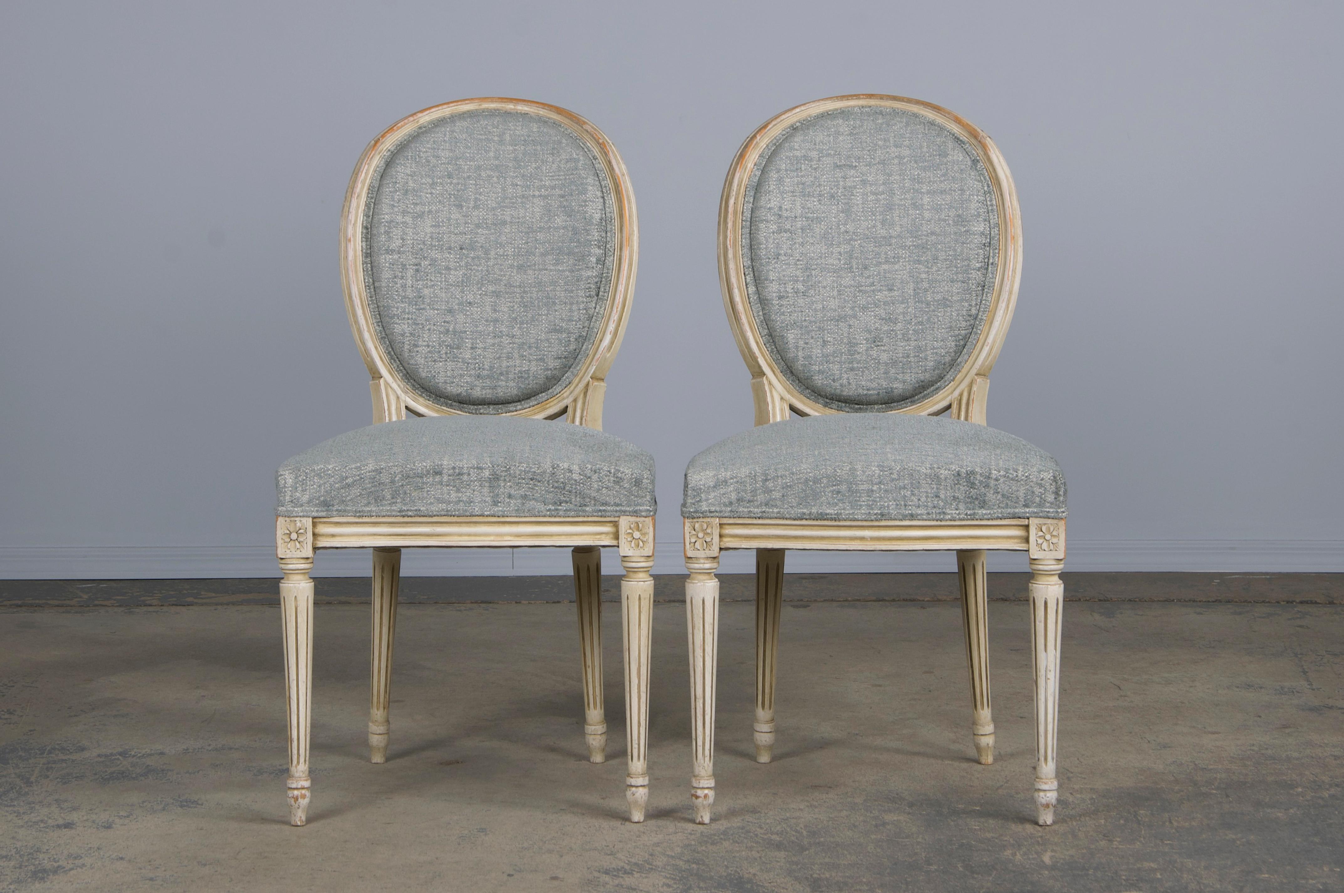 20th Century Six Antique French Louis XVI Style Painted Dining Chairs W/ Grey Blue Chenille For Sale