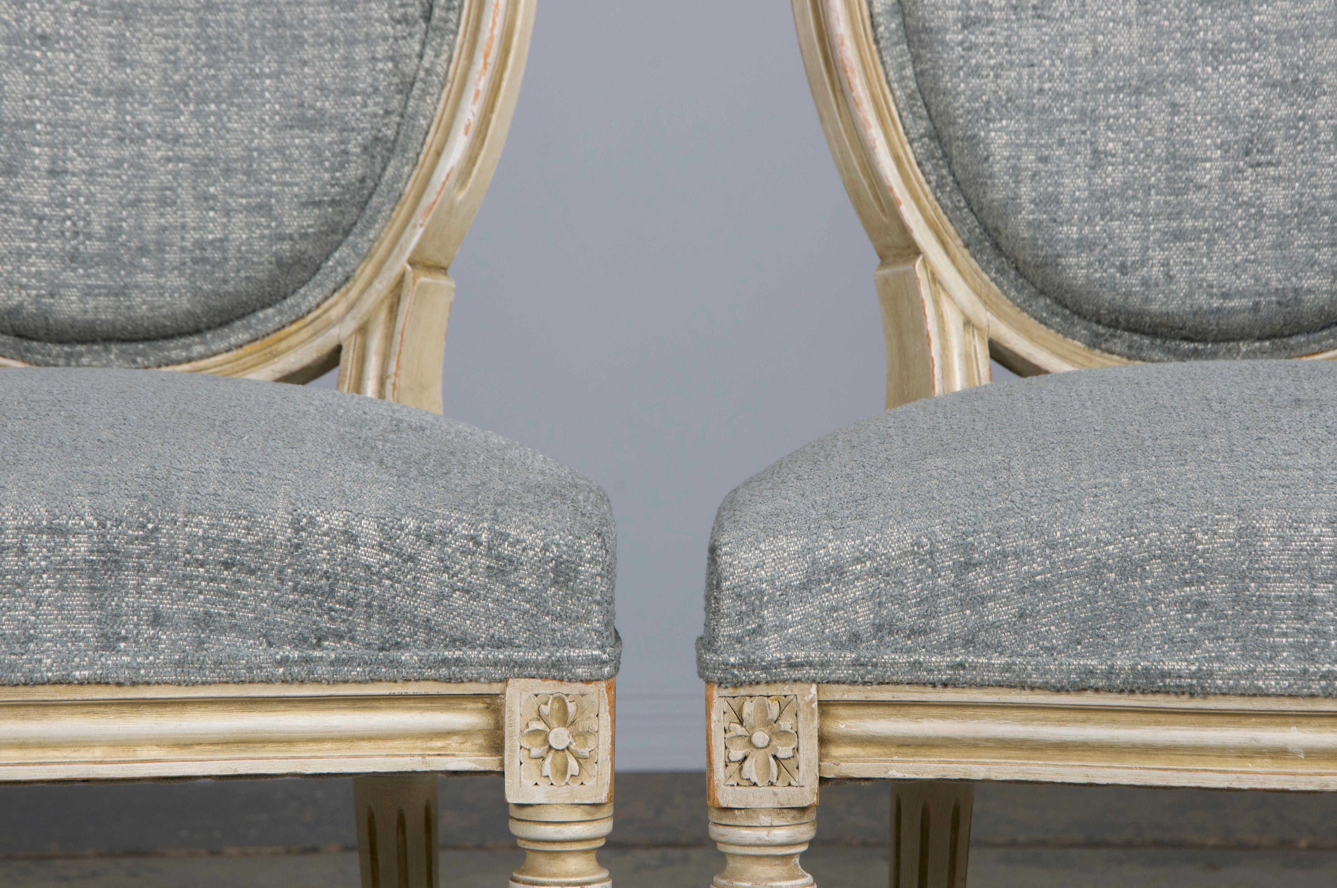 Six Antique French Louis XVI Style Painted Dining Chairs W/ Grey Blue Chenille For Sale 1