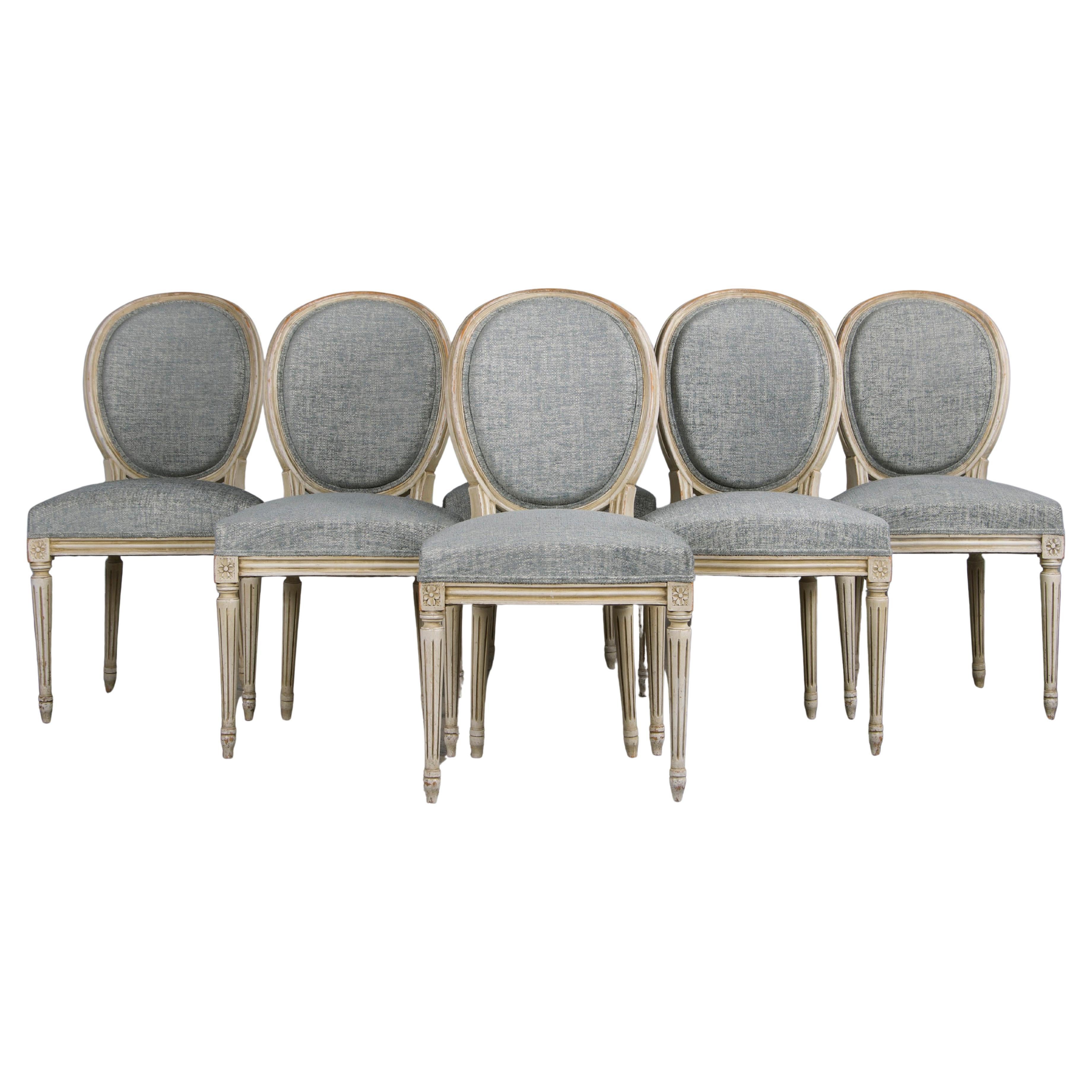 Six Antique French Louis XVI Style Painted Dining Chairs W/ Grey Blue Chenille