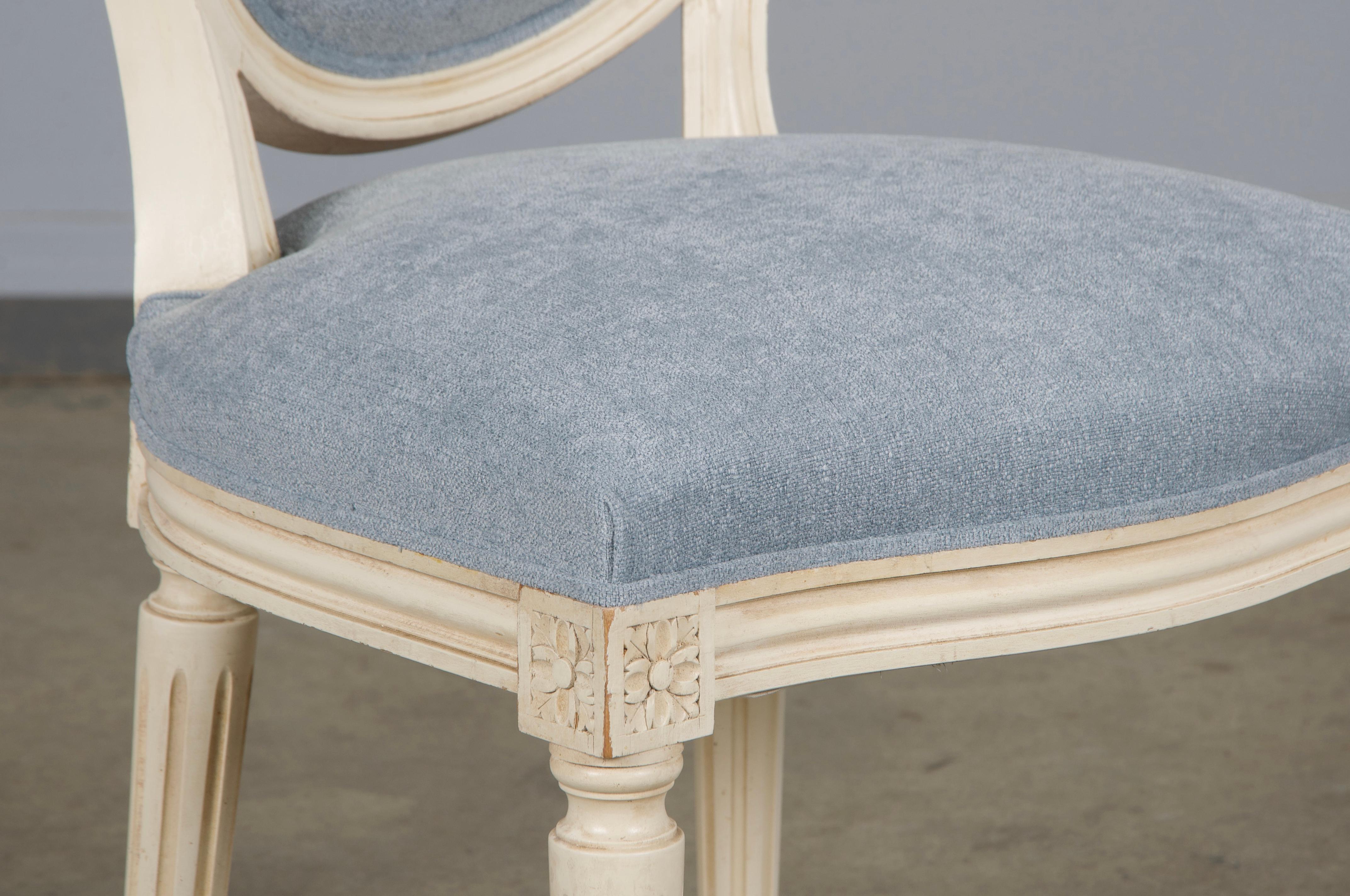 Six Antique French Louis XVI Style Painted Dining Chairs W/ Light Blue Chenille For Sale 5