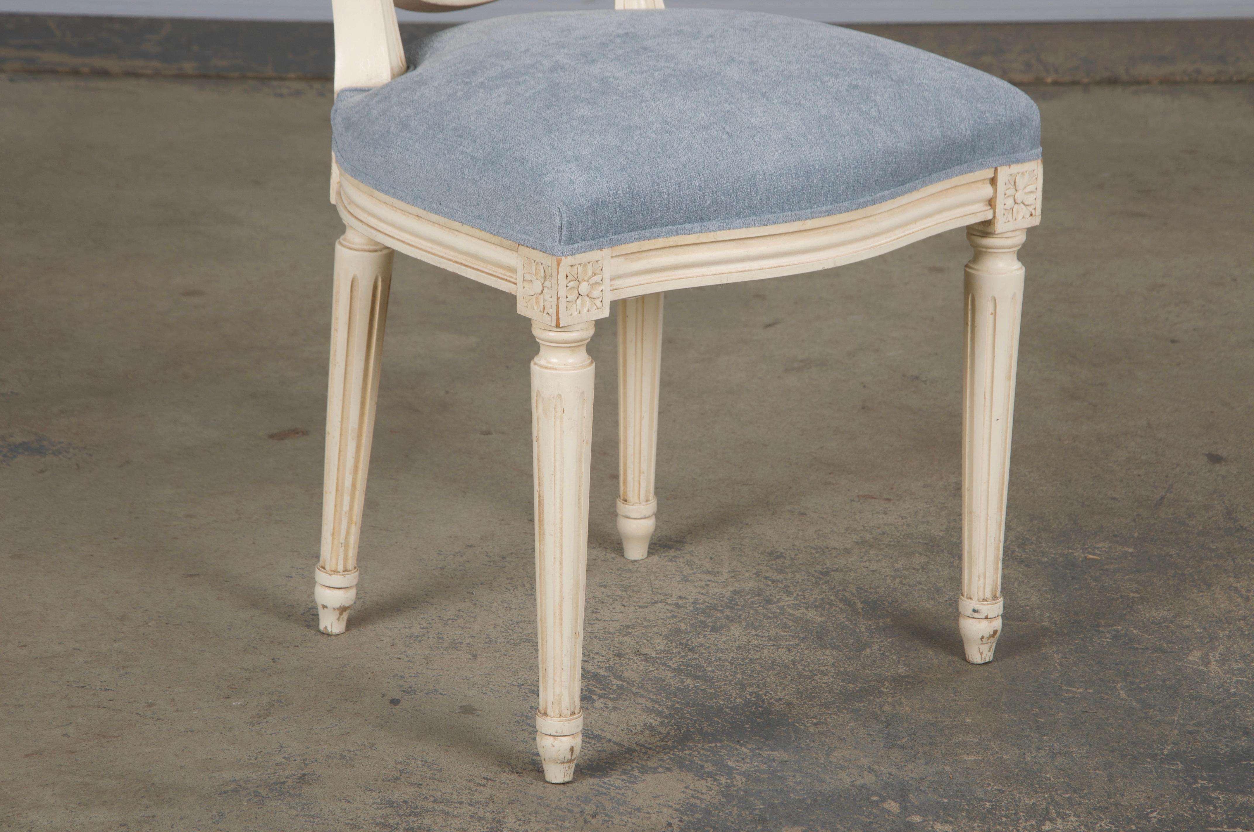 Six Antique French Louis XVI Style Painted Dining Chairs W/ Light Blue Chenille For Sale 6
