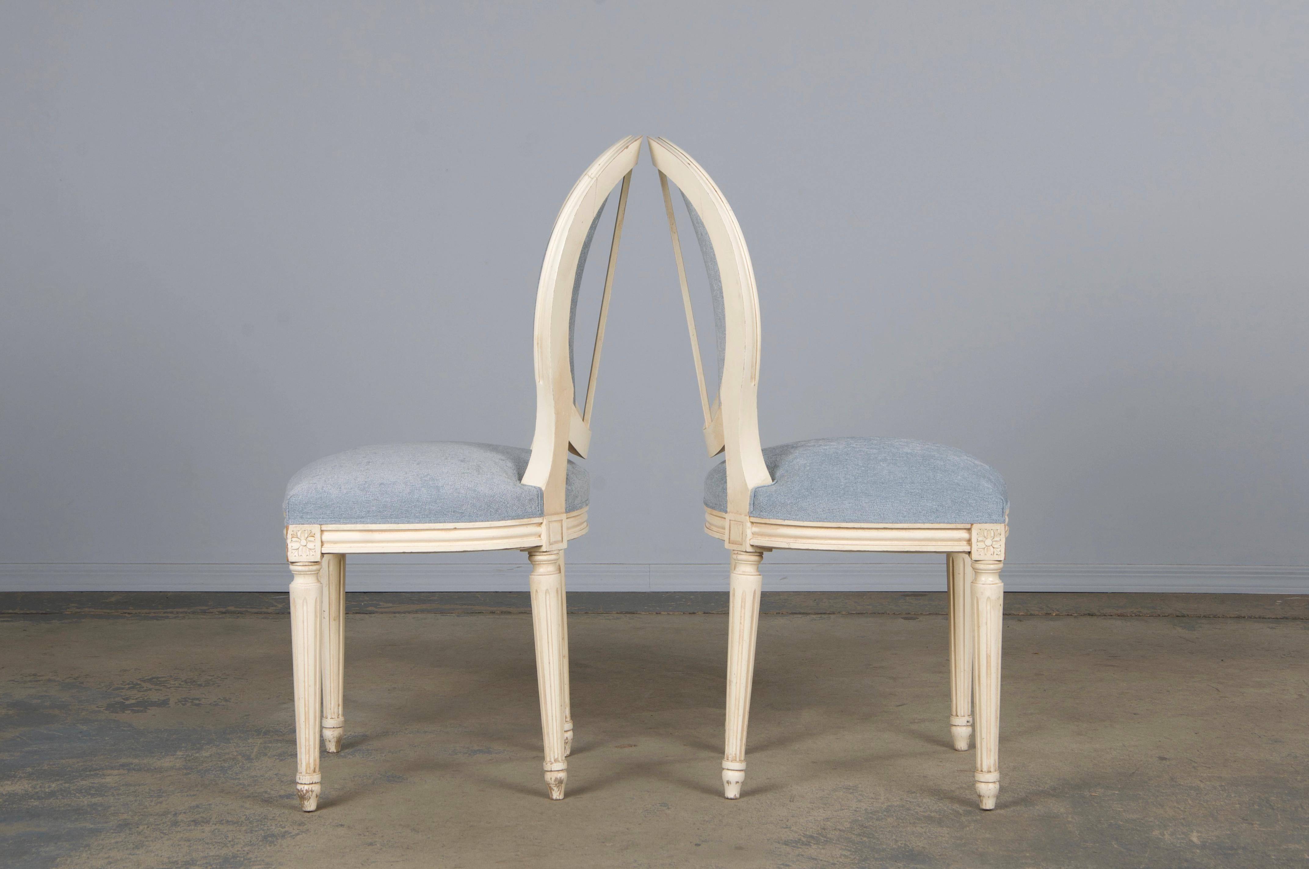 Six Antique French Louis XVI Style Painted Dining Chairs W/ Light Blue Chenille For Sale 8