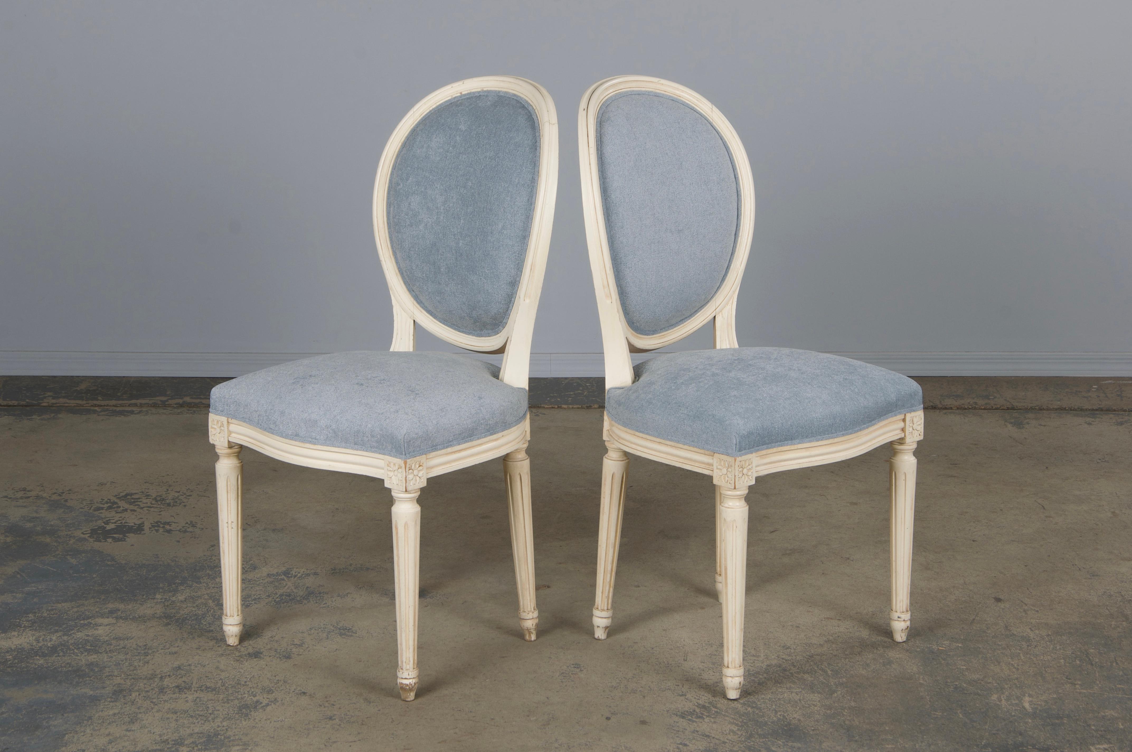 Six Antique French Louis XVI Style Painted Dining Chairs W/ Light Blue Chenille For Sale 9