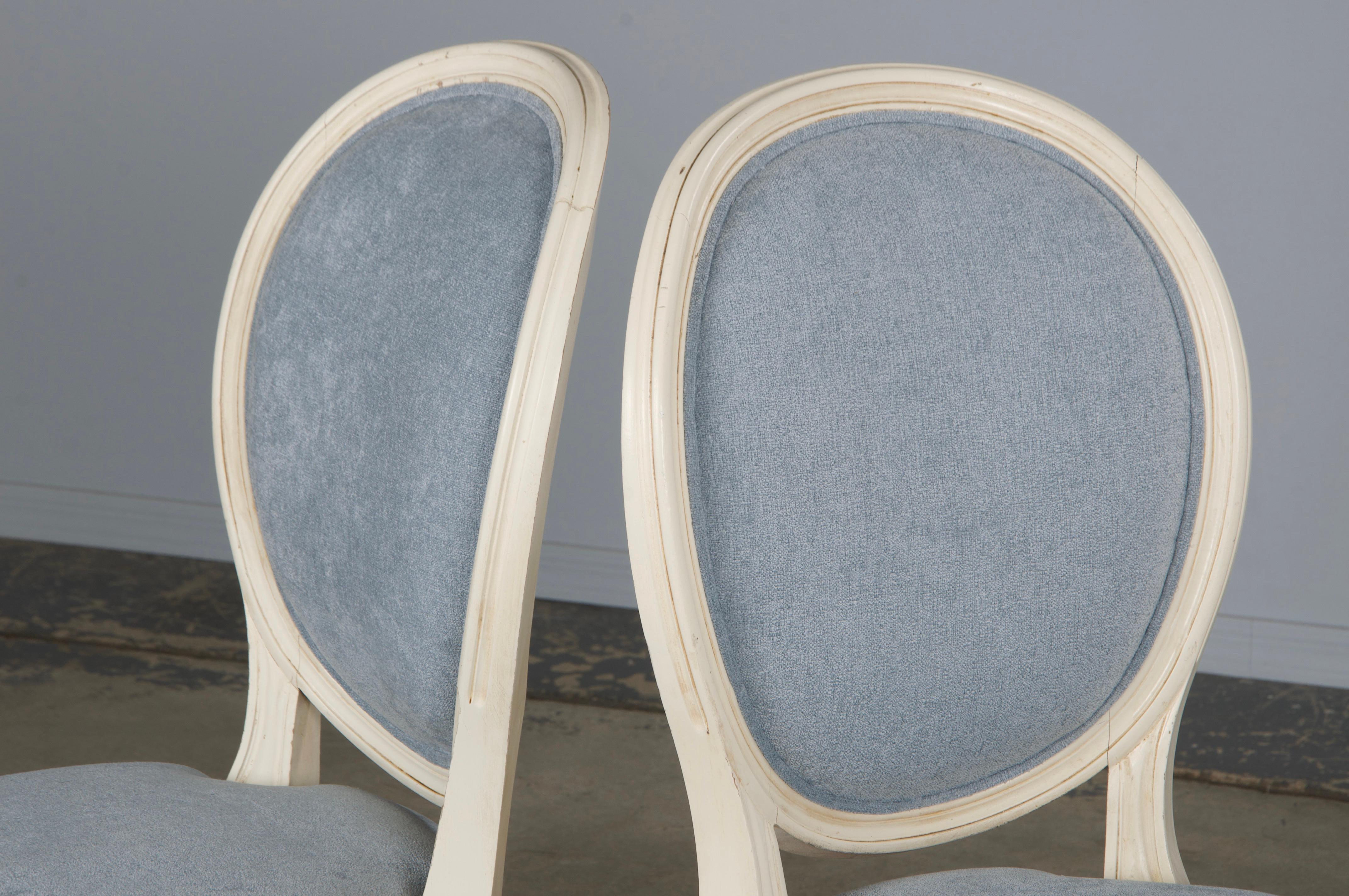 Six Antique French Louis XVI Style Painted Dining Chairs W/ Light Blue Chenille For Sale 10