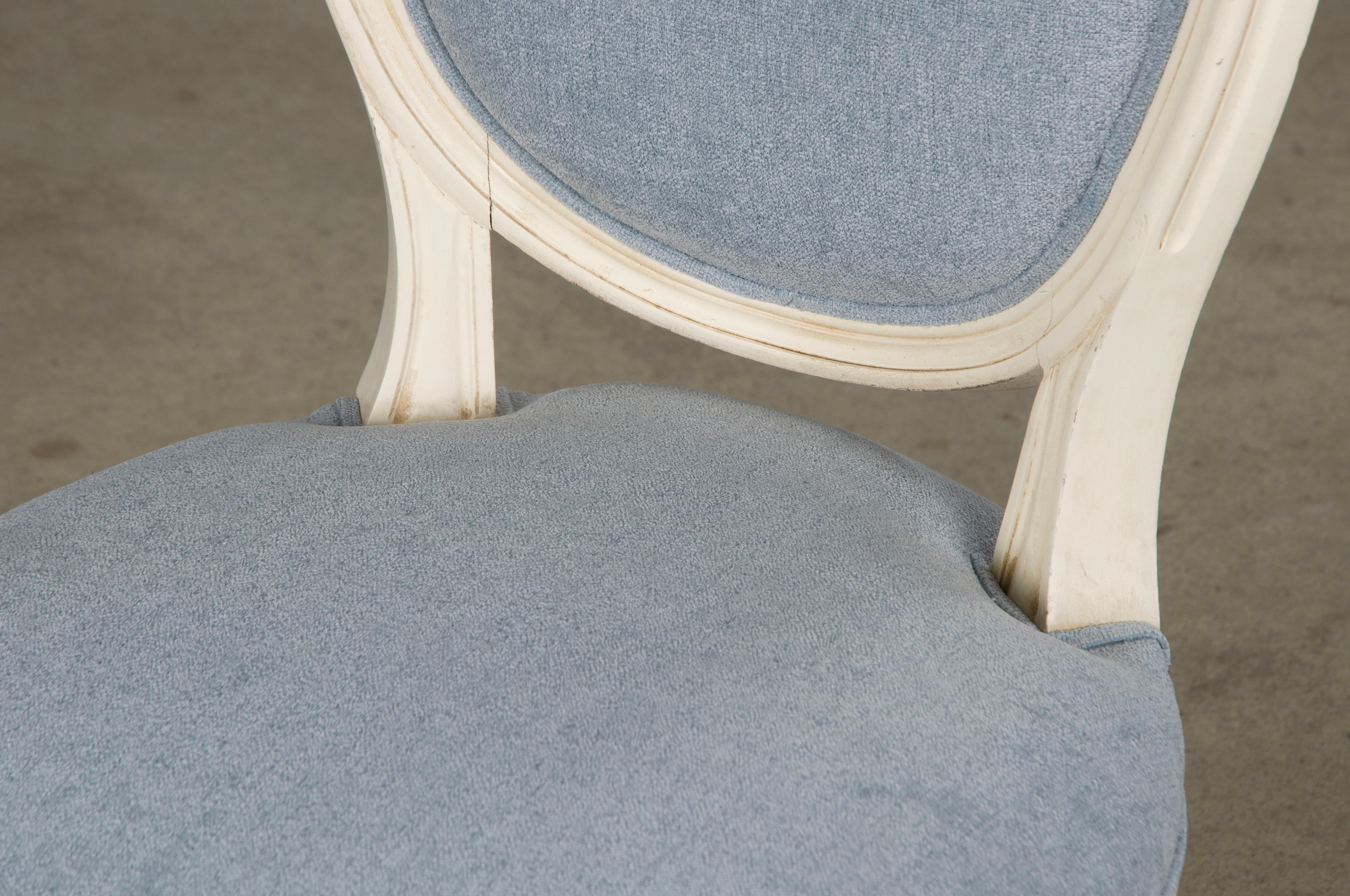 Six Antique French Louis XVI Style Painted Dining Chairs W/ Light Blue Chenille For Sale 11