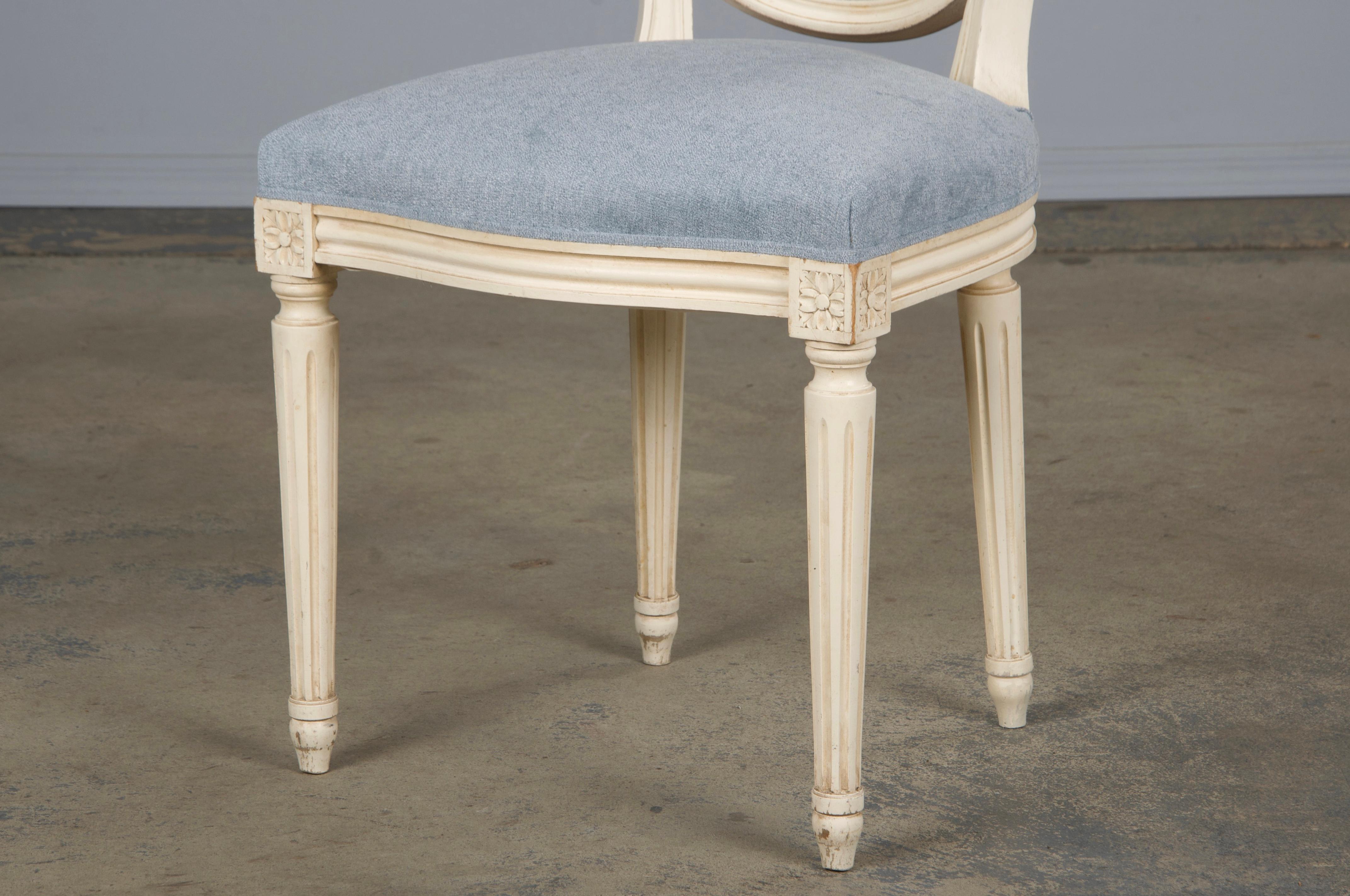 Six Antique French Louis XVI Style Painted Dining Chairs W/ Light Blue Chenille For Sale 12