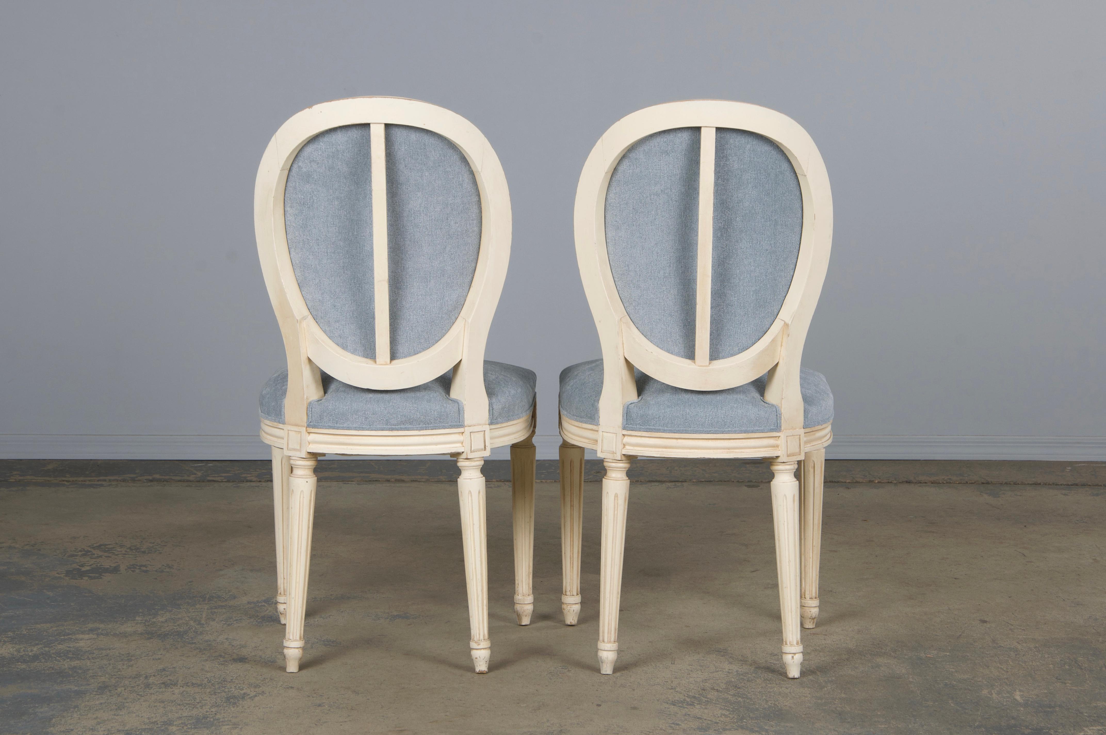 Six Antique French Louis XVI Style Painted Dining Chairs W/ Light Blue Chenille For Sale 13