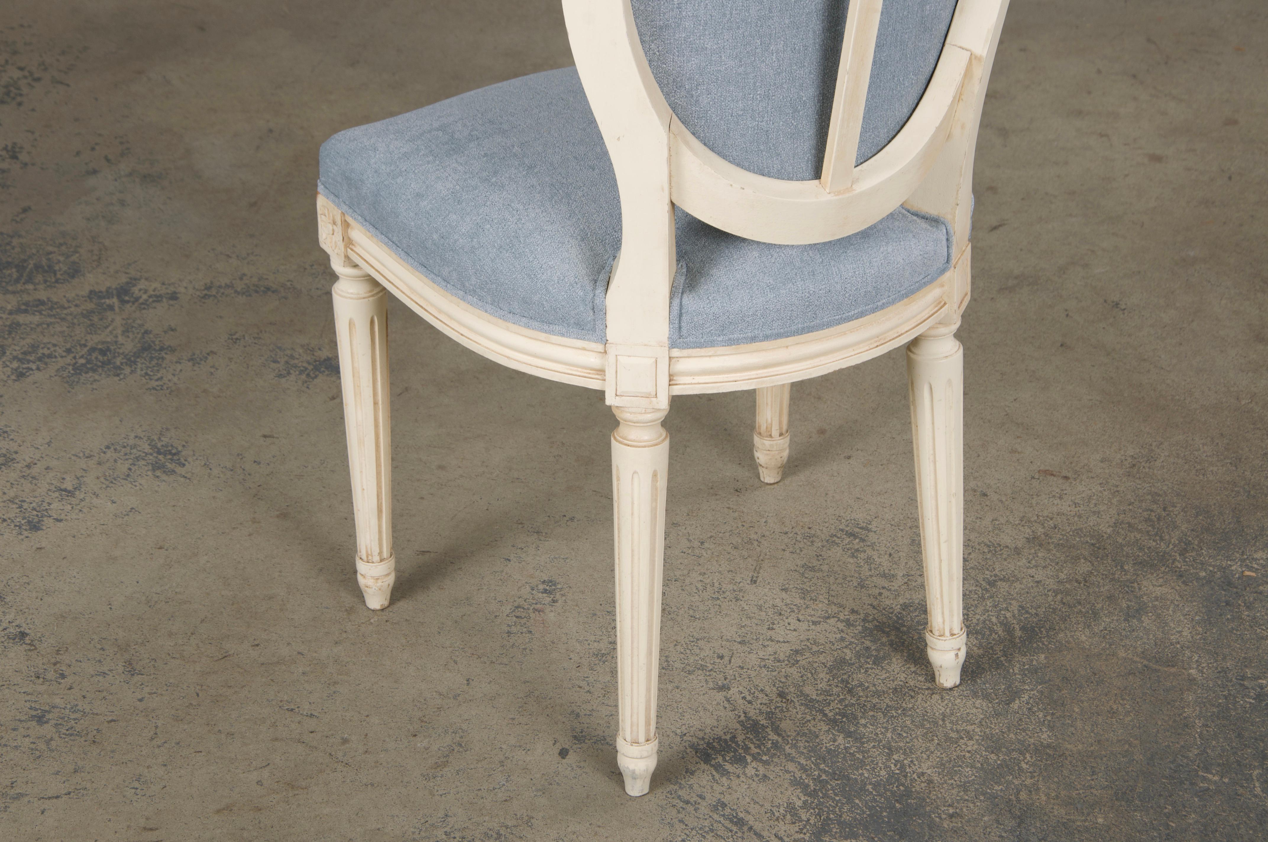 Six Antique French Louis XVI Style Painted Dining Chairs W/ Light Blue Chenille For Sale 14