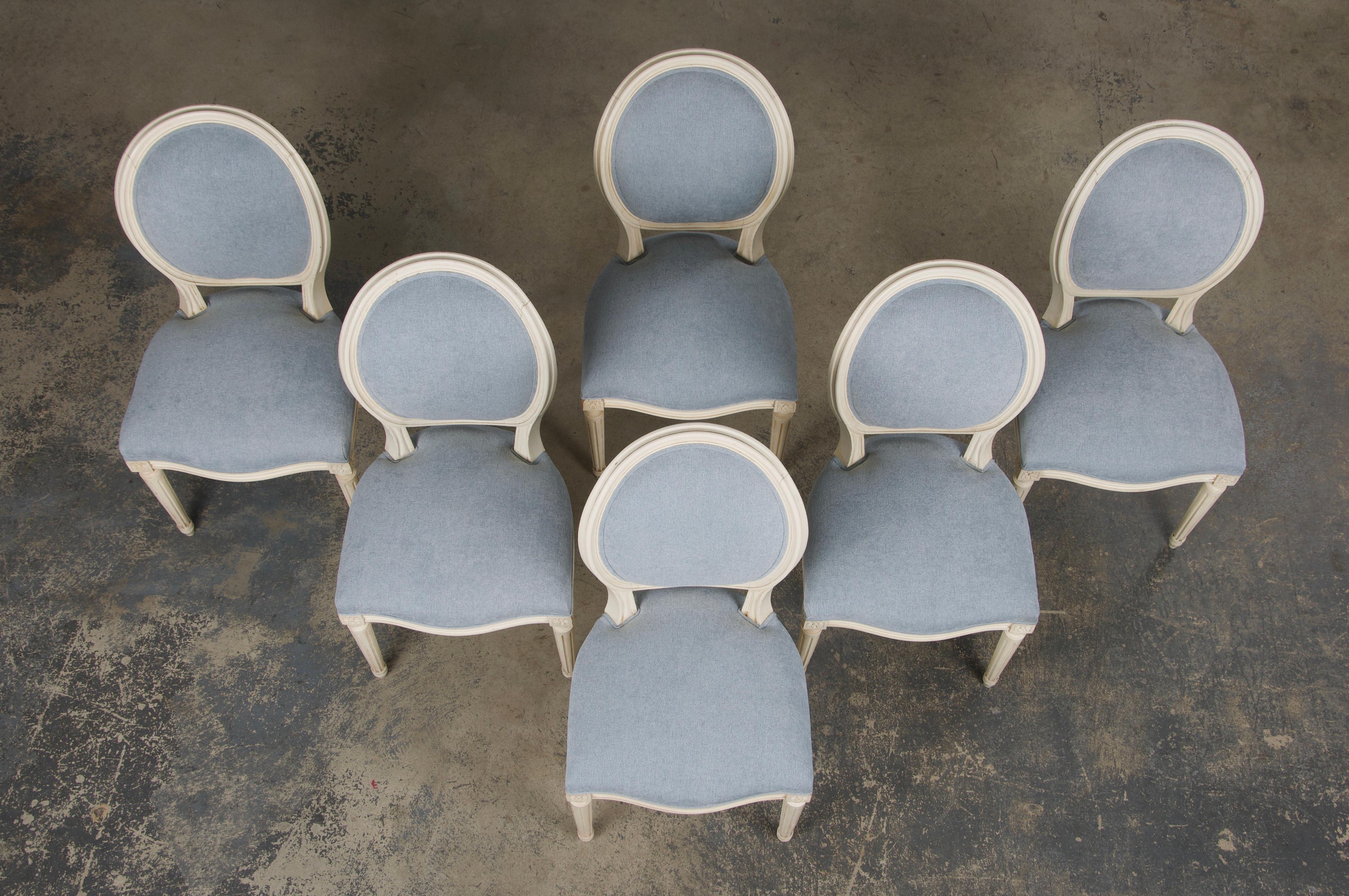 Hand-Carved Six Antique French Louis XVI Style Painted Dining Chairs W/ Light Blue Chenille For Sale